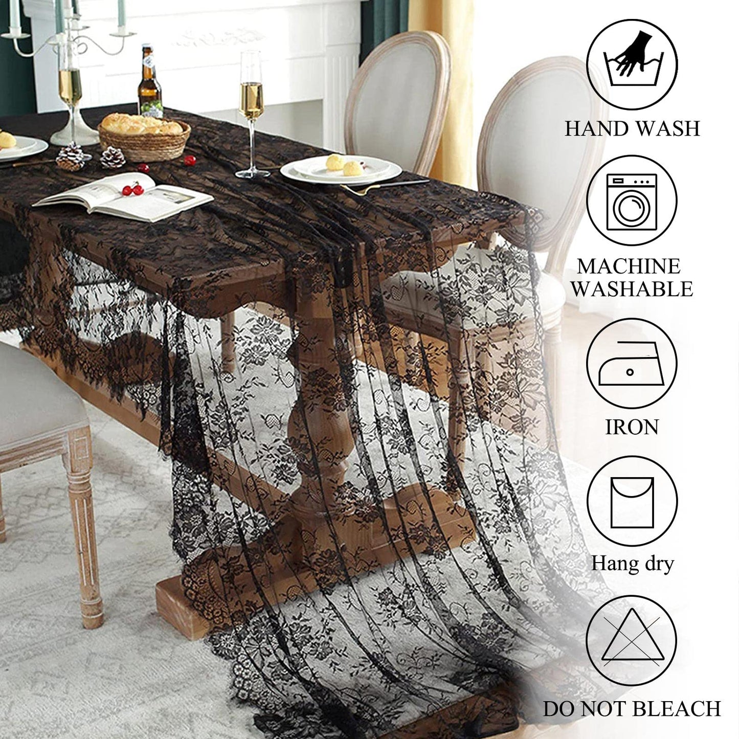 ShinyBeauty Lace Tablecloth Rectangle 60''x120'' Black Lace Party Tablecloth Rustic Floral Lace Table Cloth Vintage Lace Overlays Tea Party Tablecloth Lace Fabric Table Cover Embroidered Lace Table