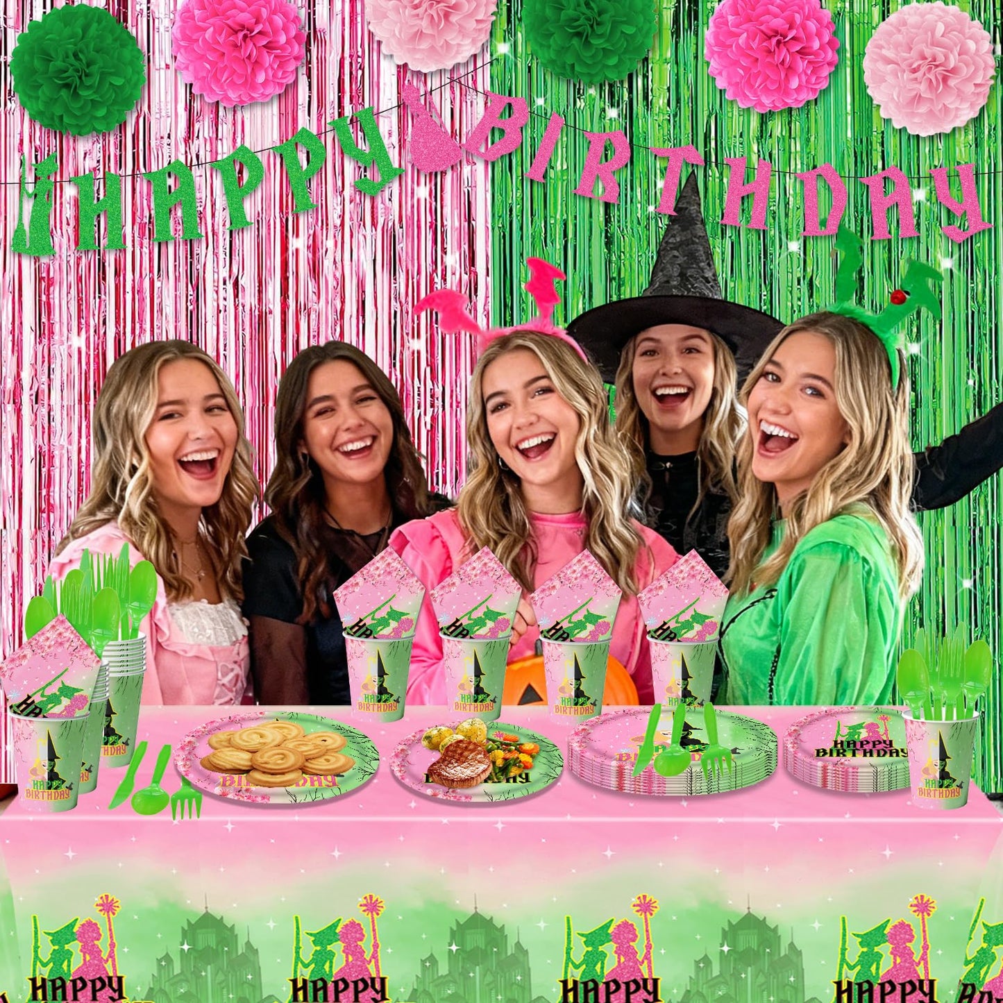 179Pcs Pink and Green Witch Party Decorations Tableware,Witch Table Centerpieces Movie Themed Birthday Party Supplies Include Banner Paper Pom Poms Plates Knives Forks Cups Set for Severs