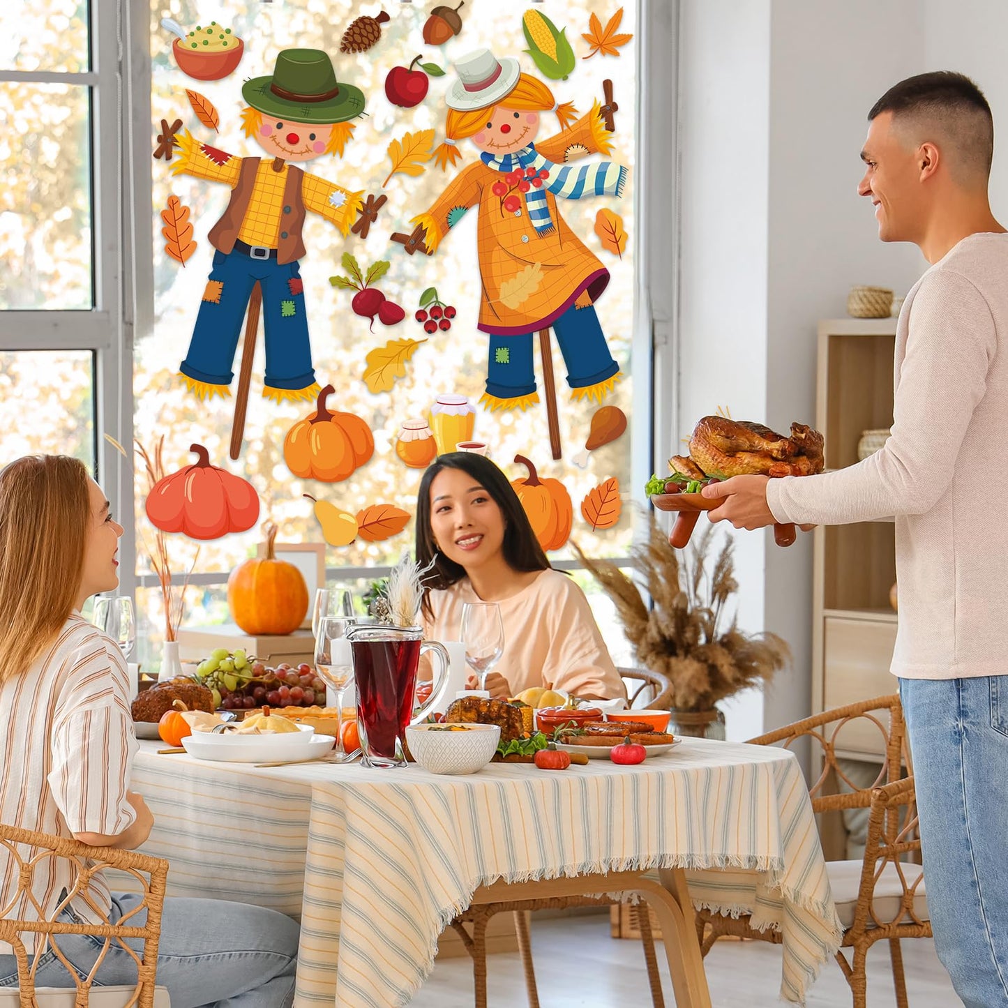 Thanksgiving Fall Window Clings Decorations Extra Large Fall Scarecrow Window Stickers Autumn Leave Pumpkin Glass Windows Decal for Home Office Classroom Decor Thanksgiving Autumn Party Supplies