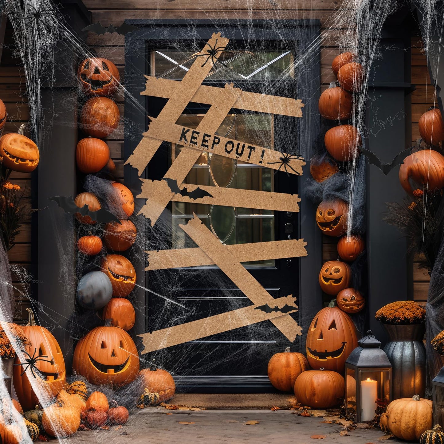 MotiMind Halloween Door Decorations Haunted Window Boards with "Keep Out" Board 3D Bat Stickers Simulation Spider Web Little Spider for Halloween Door Window Wall Terrifying Atmosphere Decor