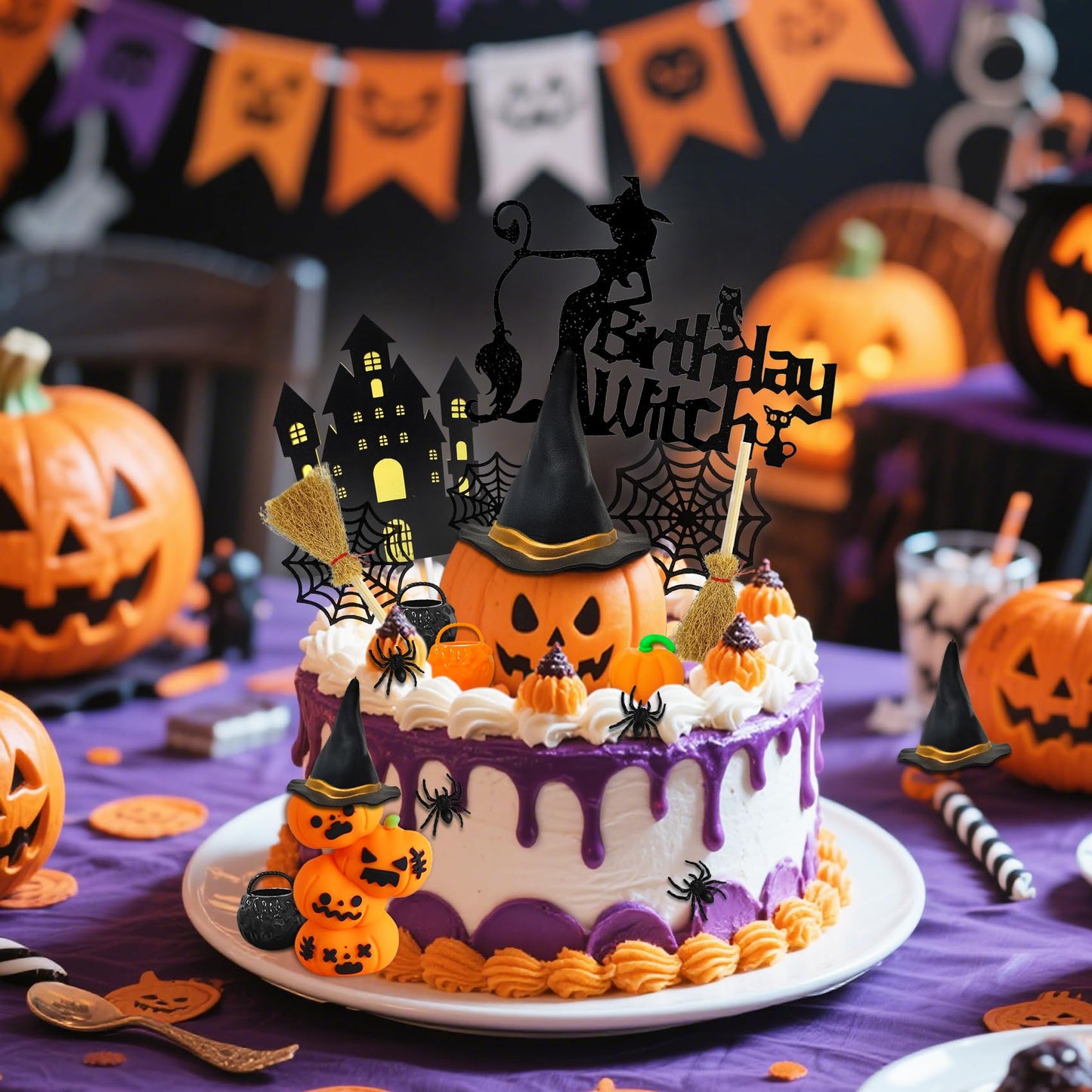 Knana 18Pcs Witch Cake Topper Halloween Cake Toppers Halloween Witch Cake Decorations for Scary Witch Birthday Party Supplies