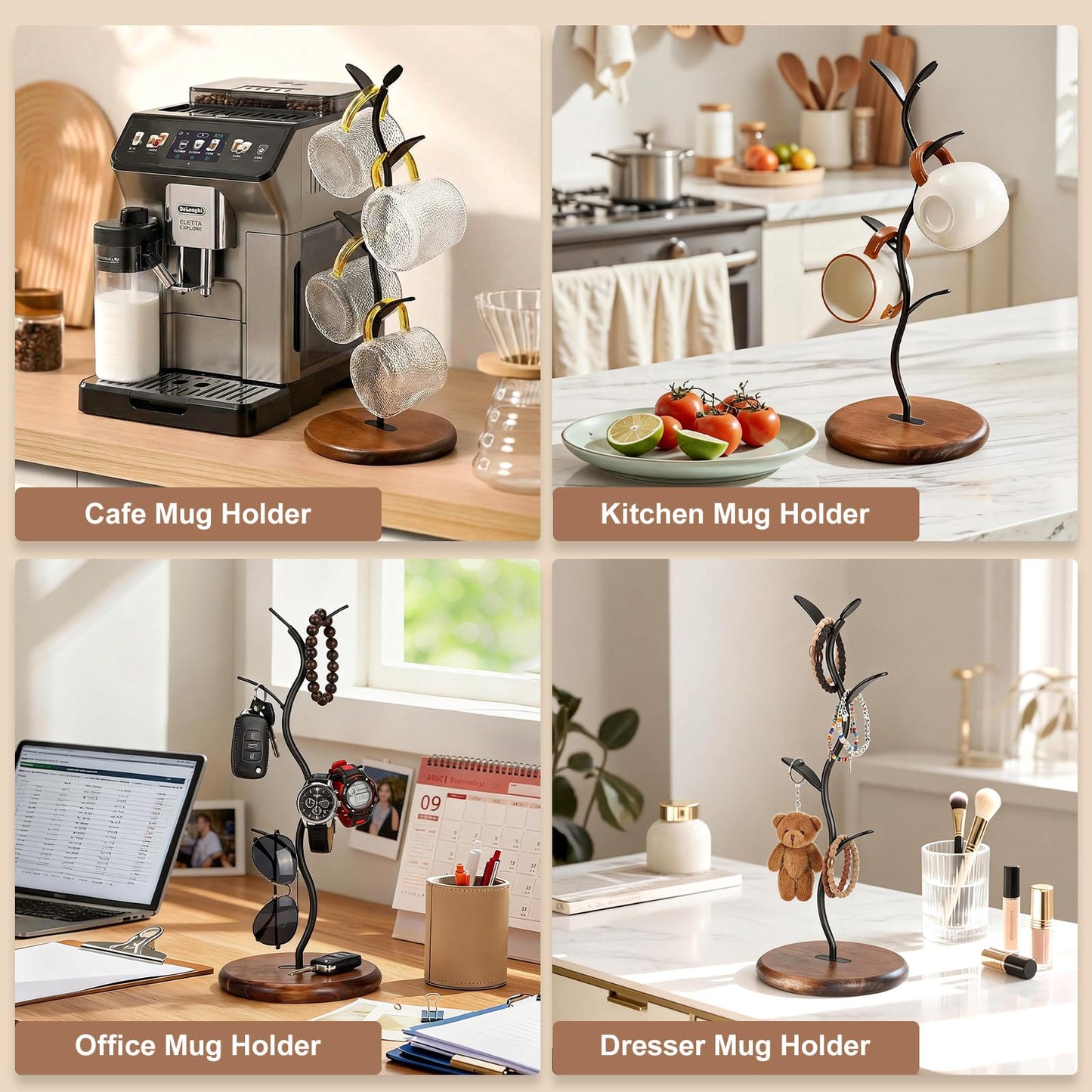 Noeixrah Mug Tree Holder, Bronze Metal Leaf Branch & Solid Wood Base Mug Holders, Countertop Coffee Mug Trees Organizer for Kitchen, 4 Hooks, Sleek Modern Decor for Coffee Station
