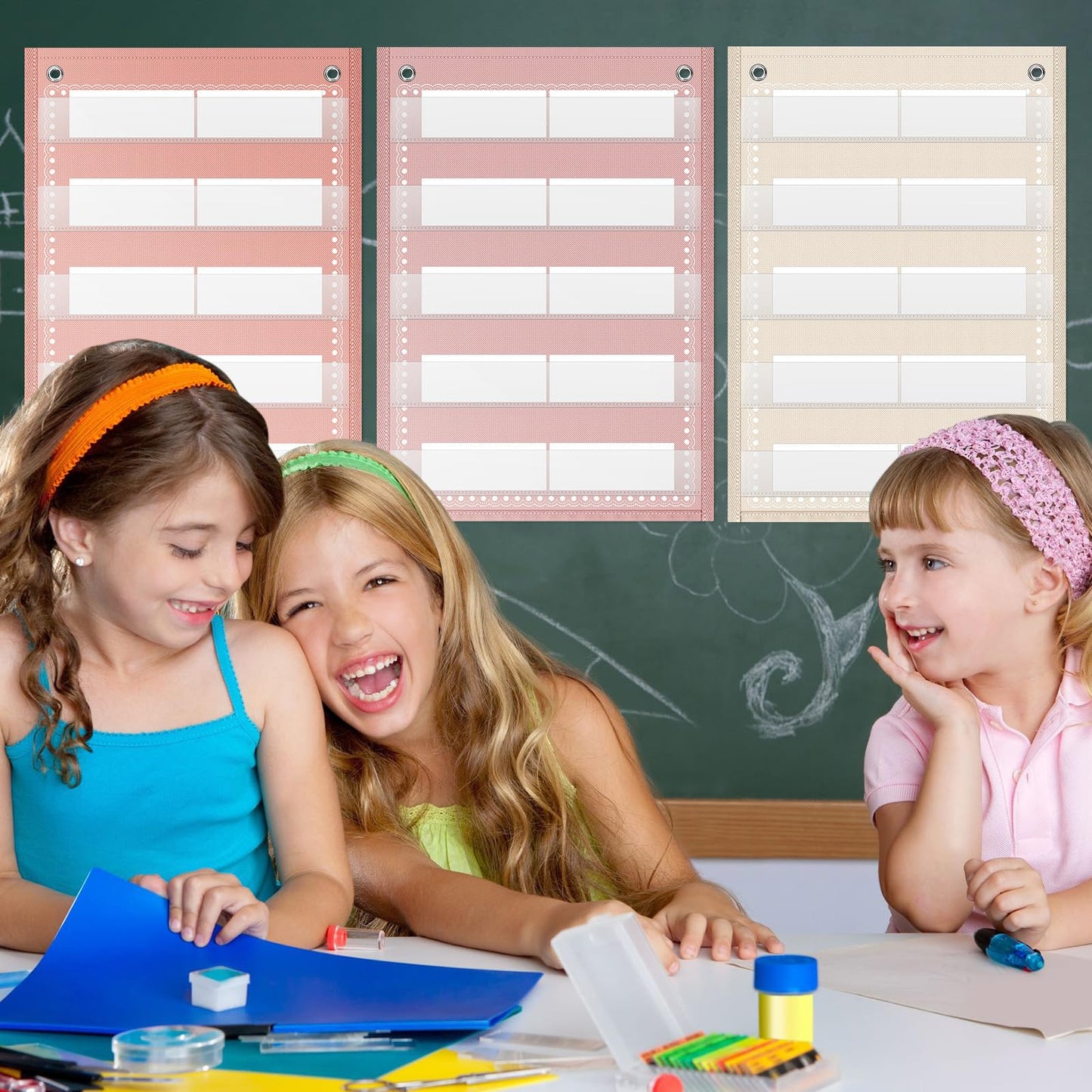 Gueevin 6 Set Magnetic Pocket Chart with 5 Clear Pockets and 30 Dry Erase Cards Painted Classroom Schedule Pocket Chart for Whiteboard Class Demonstrations(Macaron Color,Stripes Pattern)