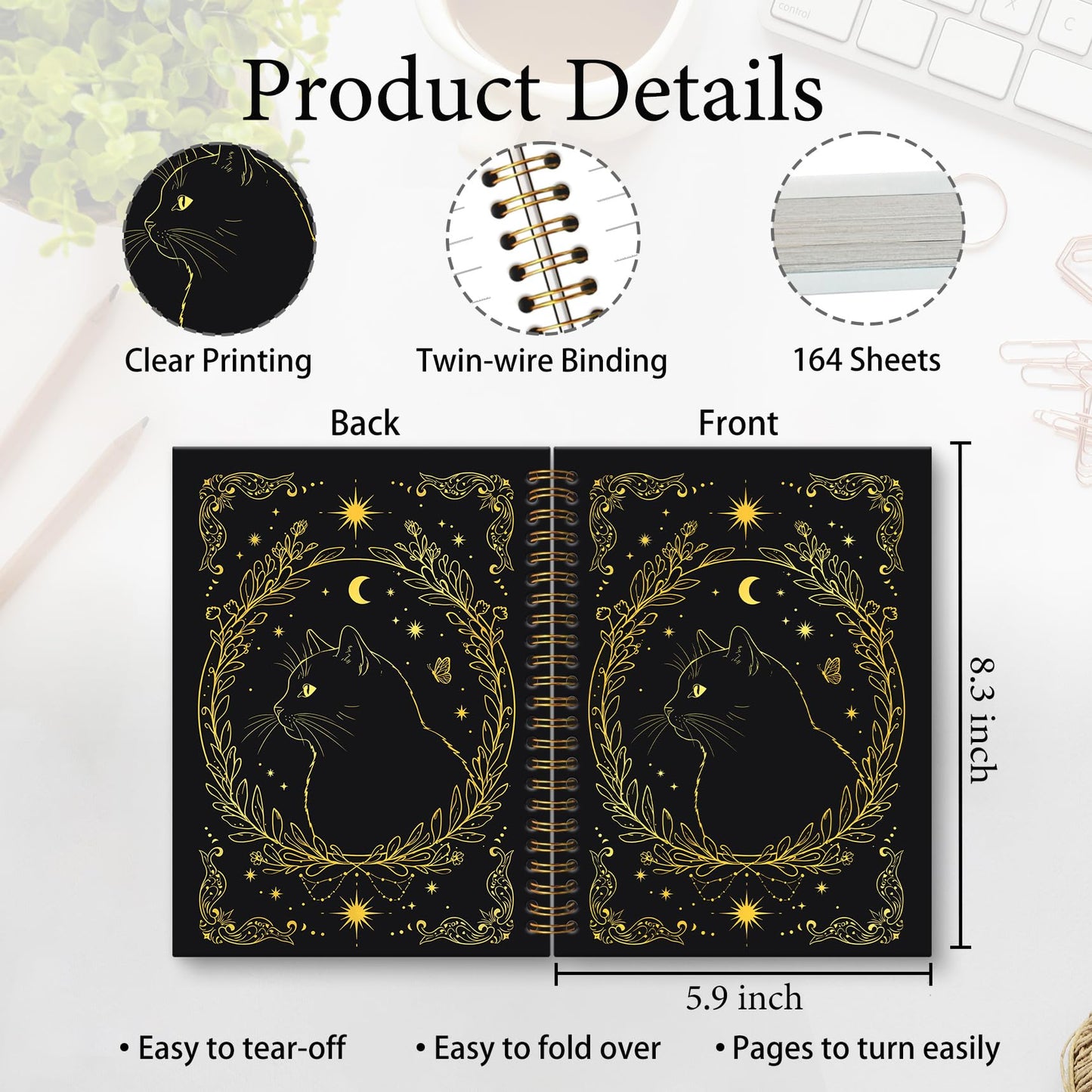 KTYHD Gothic Witchy Tarot Cat Notebook Journal 5.5x8.3in,Gothic Gold and Black Cat Journal for Writing,Goth Witch Animal Hardcover Spiral Notebooks