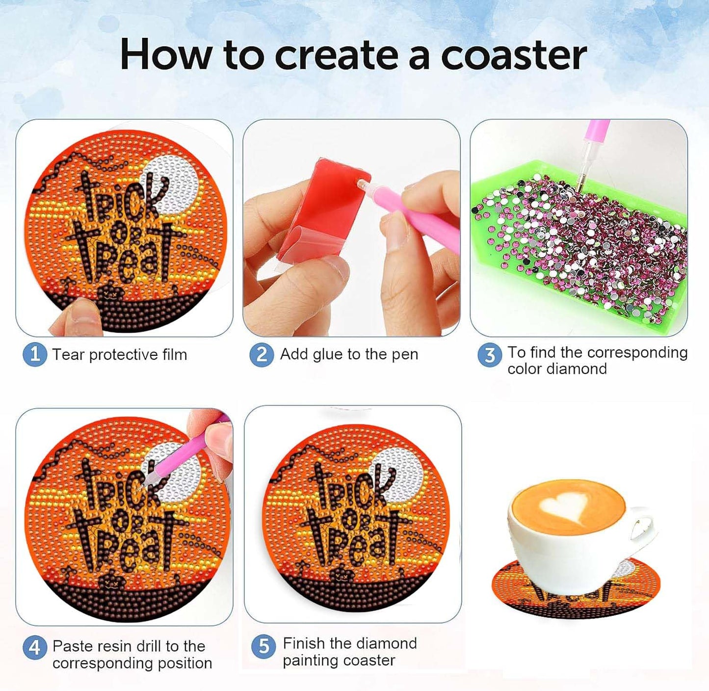 8 pcs 5D DIY Halloween Diamond Art Coasters with Holder for Adults Beginners, Home Office Table Decor,Halloween Diamond Coasters Gifts, Halloween Decorations,Skull Diamond Art Kits (QLBD-01)