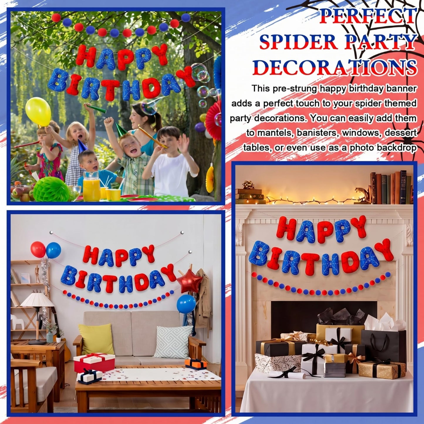 Pre-strung 3D Spider Happy Birthday Banner with Pom Pom Garland Reusable Spider Web Felt Sign for Cartoon Birthday Decorations Movie Hanging Bunting Party Supplies Photo Prop