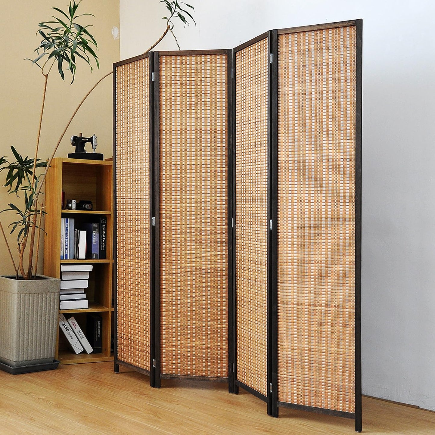 Pawlabay 4 Panel Bamboo Room Divider Screen,5.6 FT Tall Bamboo Divider Folding Panel Screen,Freestanding Panel Divider for Room Seperation,Brown