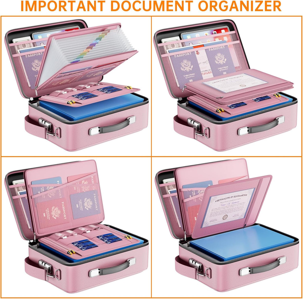 DocSafe Fireproof Document Box with Lock&Shoulder Strap,Hard Case File Organizer with Accordion File Folder,Multi-Layer Portable Home Office Travel Safe Storage for Important Documents Laptop Pink