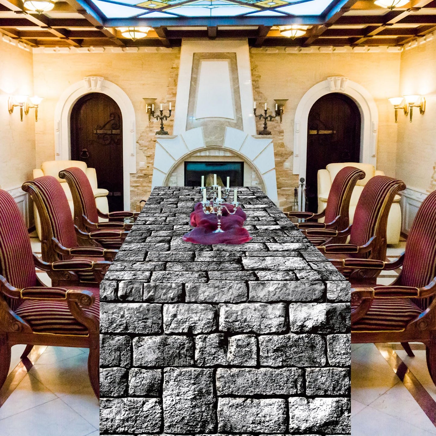 6Ft Medieval Brick Stone Wall Tablecloth Cobblestone Birthday Table Covers Decoration Castle Washable Fabric Polyester Rectangle Stone Table Cover for Halloween Knight Western Party Favors
