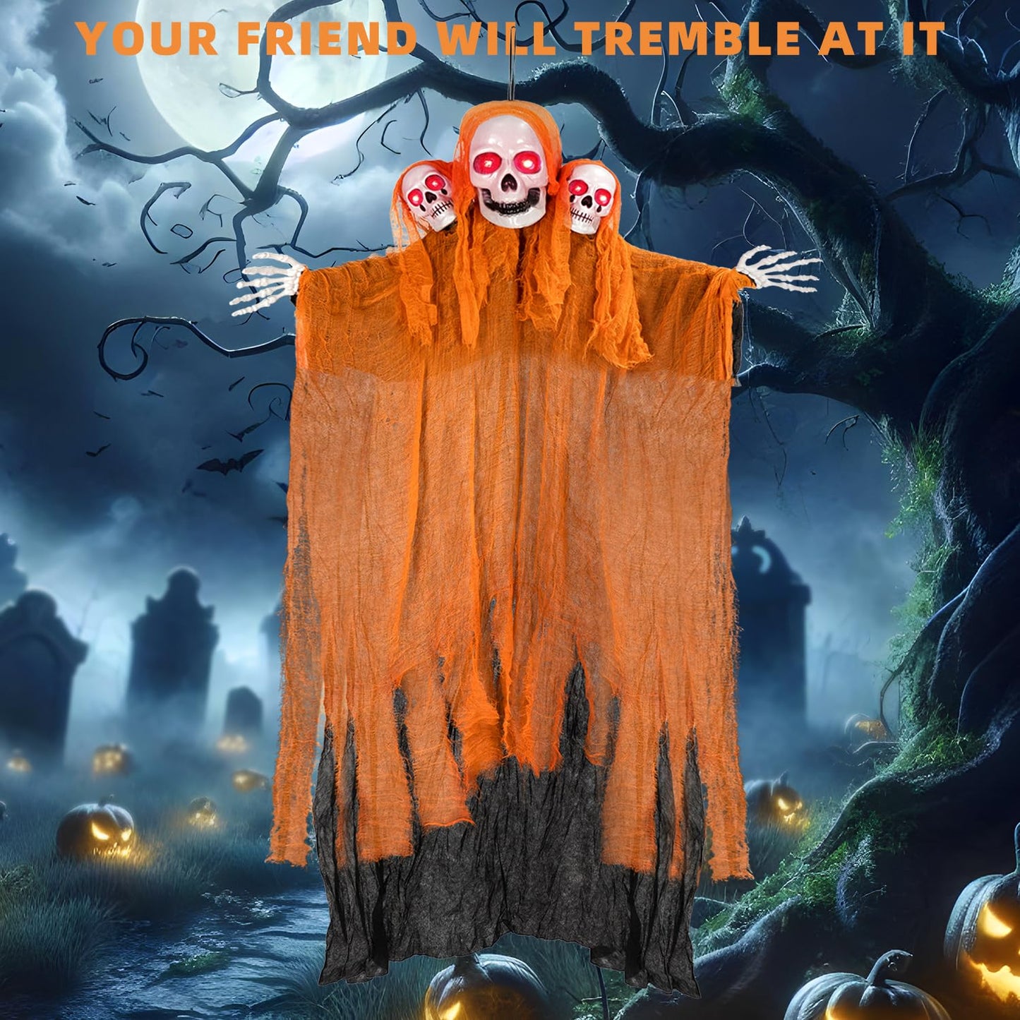 Kendane Halloween Decorations Outdoor and Indoor,Halloween Hanging Ghosts,Scary Grim Reaper Skeleton with Light-Up Eyes and Creepy Sound,Scary Party Decorations for Yard,Lawn,Haunted House Decor