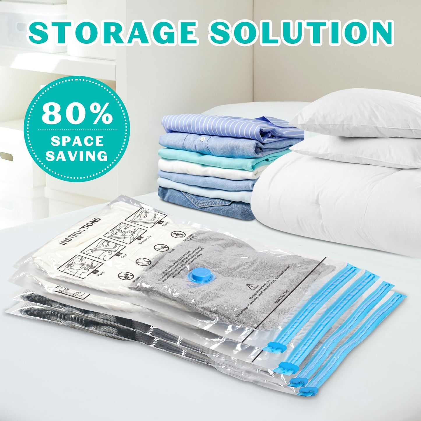 ZOESTORAGE 15 Pack Vacuum Storage Bags 80% Space Saver Vacuum Seal Bags for Clothing Compression for Comforters Blankets Travel Luggage Clothes with Hand Pump(3 Jumbo/3 Large/3 Medium/3 Small/3 Roll)