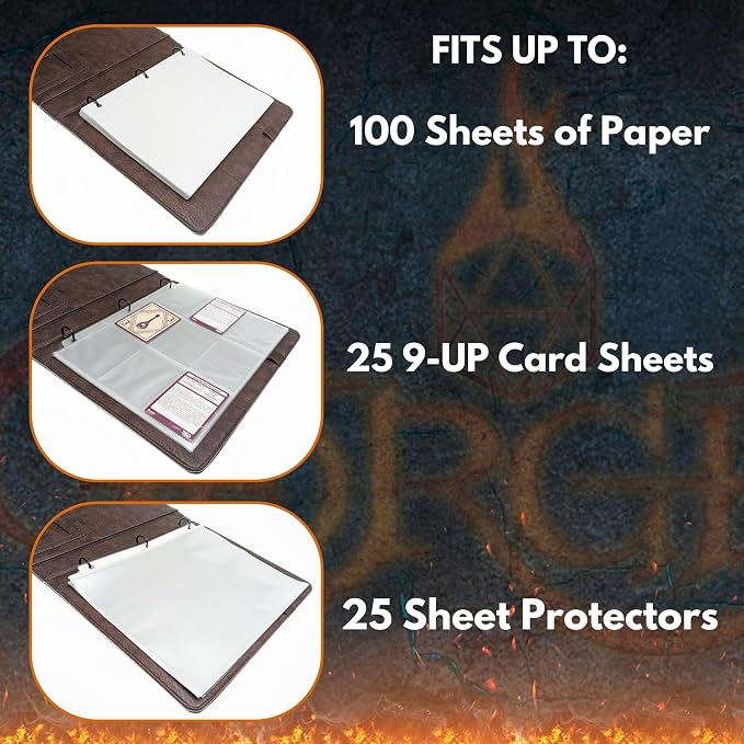 Forged Dice Co. Game-Folio PU Leather Portfolio Binder - Gaming Binder for DND Character Sheets with DND Spell Cards Organizer and Clear Front Pocket - Compatible with Dungeons and Dragons RPG - Blue
