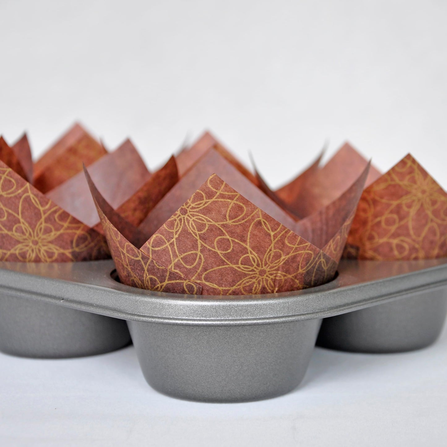 MyBakning (JUMBO Large size) Brown Golden pattern Tulip Baking Cups 2-1/4"(Base diameter) x 3-3/4"(Wall height) Greaseproof paper Muffin liners, Case of 130 pcs