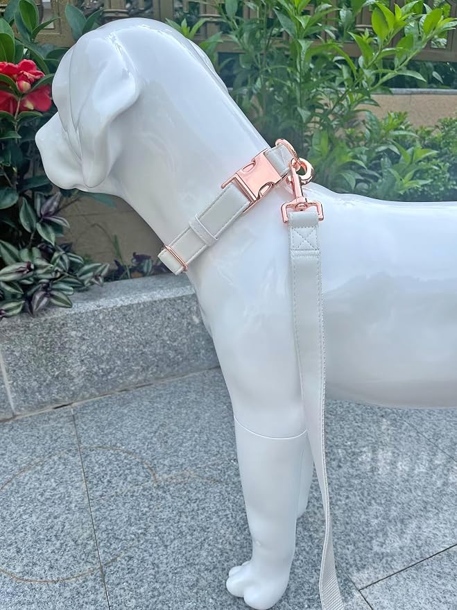Dog Collar and Leash Set.Soft and Easy to Clean Vegan Leather with Rose Gold Metal Buckle for Small Medium Large Dogs (Off-White, L(15.4”-24.8“)