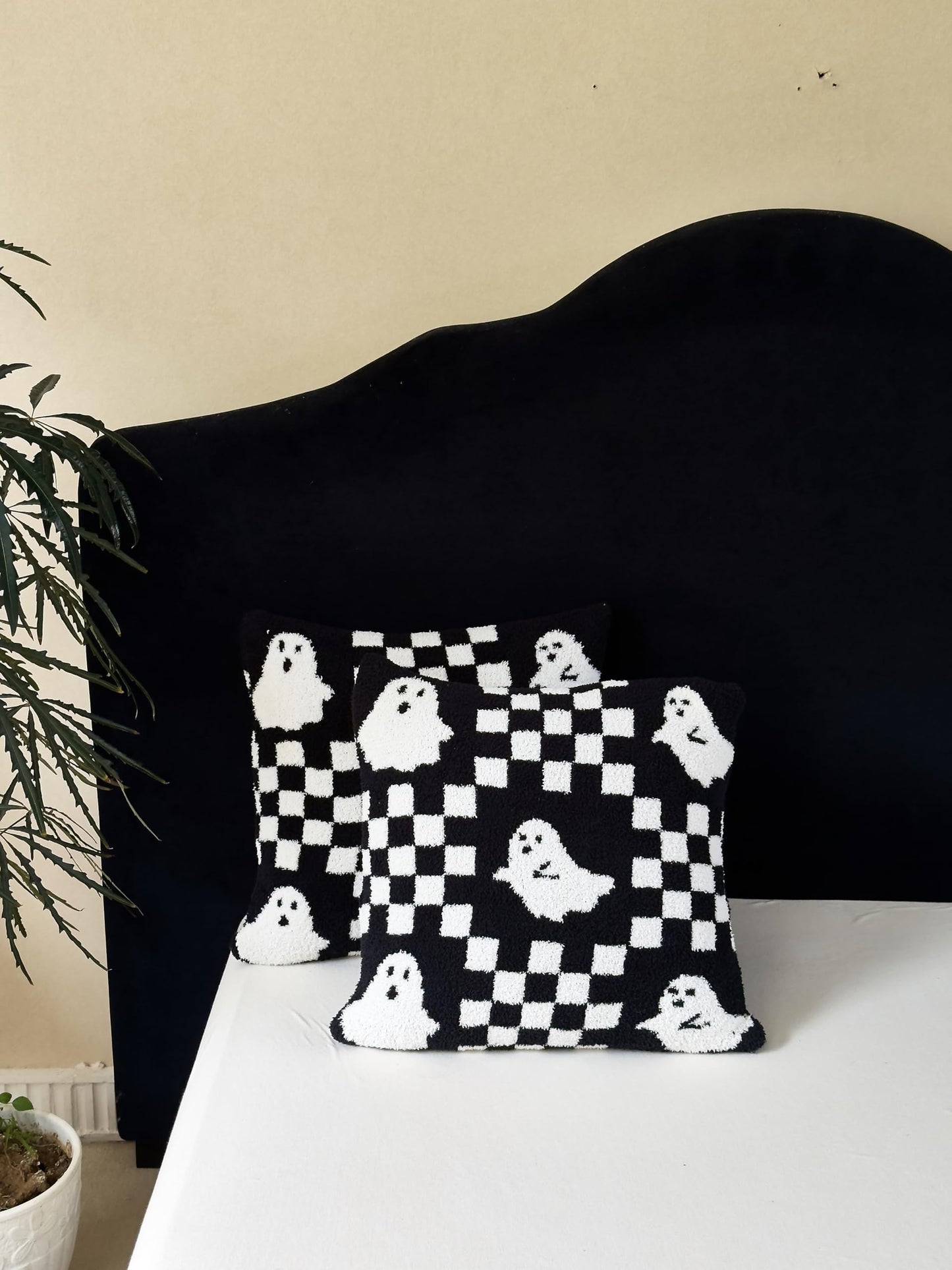 Ultra Soft Cozy Checkered Ghost Happy Halloween Knitted Throw Pillow Cover Fluffy Microfiber Checkerboard pillocase Lightweight Decorative for Sofa Bed 18 Inches Both Sides Black