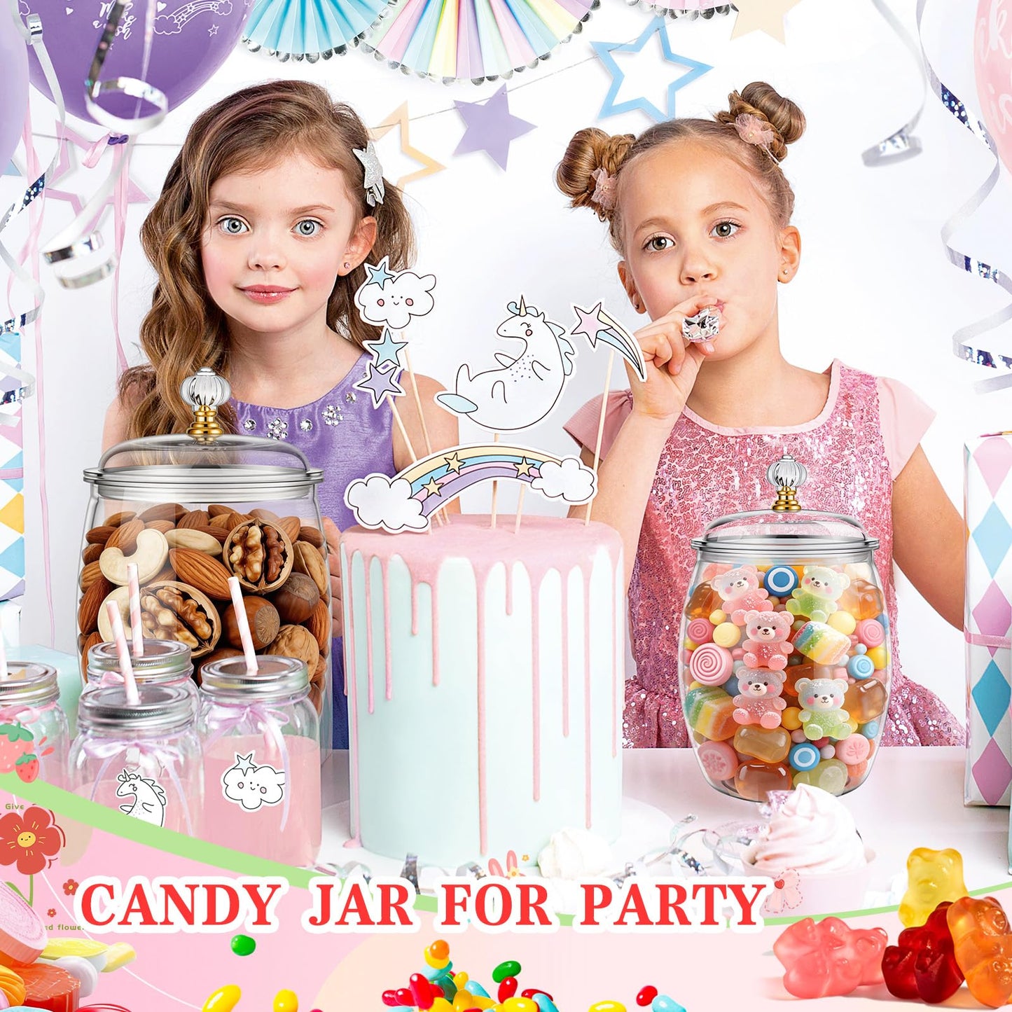 mwellewm 128 OZ Candy Jar with Lids Large Plastic Cookie Jar with Spoons Clear Apothecary Container Decorative Kitchen Airtight Snack Storage Organization for Wedding Home Kitchen Bar Decoration