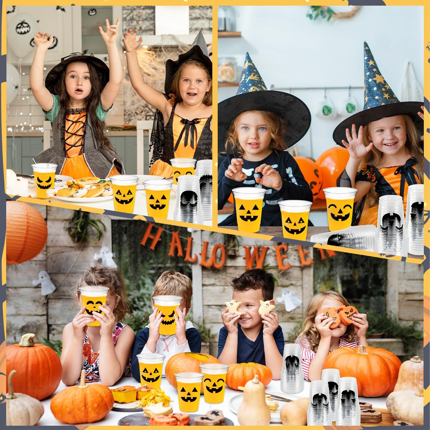 CUPLOOV 50 Pack Halloween Plastic Cups Clear 12Oz Disposable Pumpkin Cups With 5 Styles Patterns for Kids Adults Party Favors, Coffee, Wine, Hot and Cold Drinks
