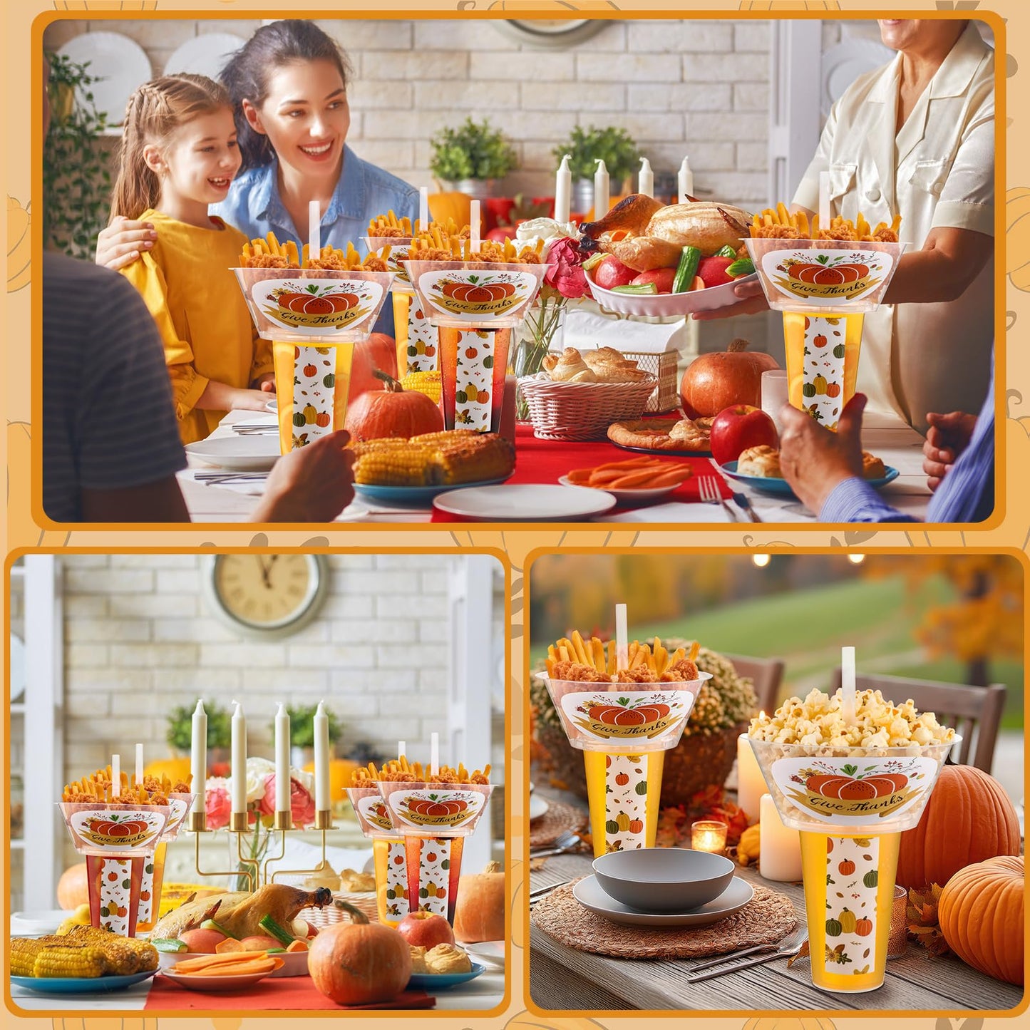 SiliFine 25 Sets of Thanksgiving Pumpkin Party Drink and Snack Cup with Straws Fall Disposable Plastic Tumbler with Snack Bowl Cup Thanksgiving Combo for French Fries Fried Chicken Fruit