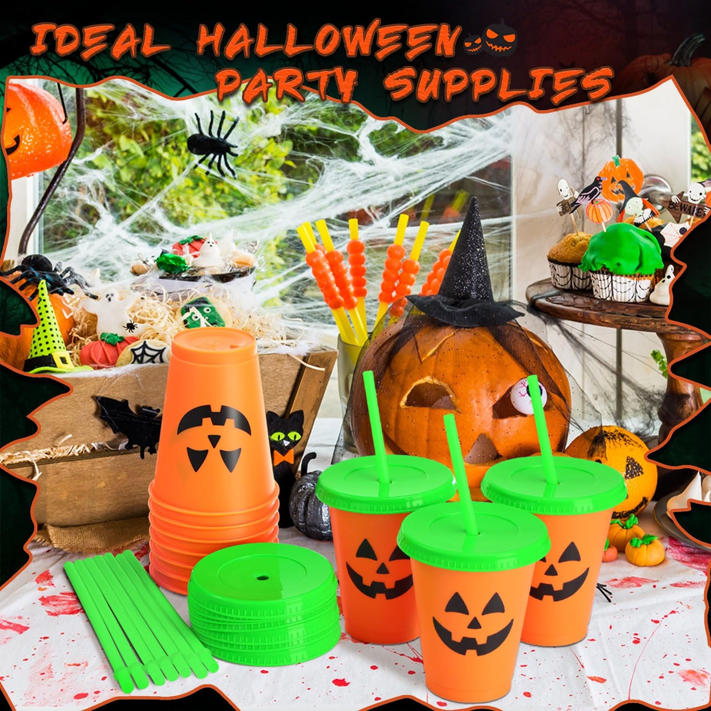 Skylety 10 Pcs Halloween Plastic Cups with Lids and Straws 16 oz Pumpkin Jack O Lantern Cups Plastic Tumbler Harvest Party Supplies Halloween Party Favors Supplies for Coffee Tea Cold Drinks