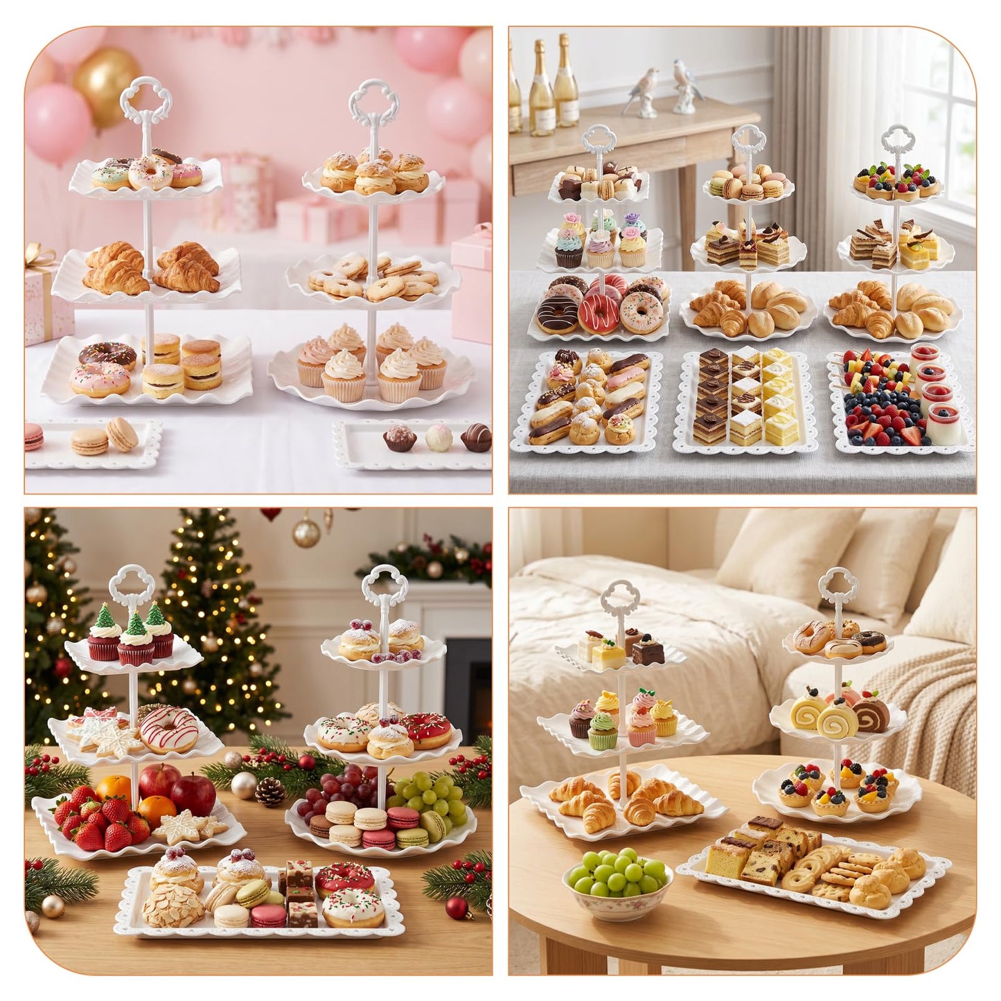 URLINE 10 Pcs Dessert Table Display Set -Plastic Dessert Table Display Set,4 x Large 3-Tier Cupcake Stands/Cup Cake Tier Tower & 6 X Serving Tray Combo for Tea Party, Birthday, Baby