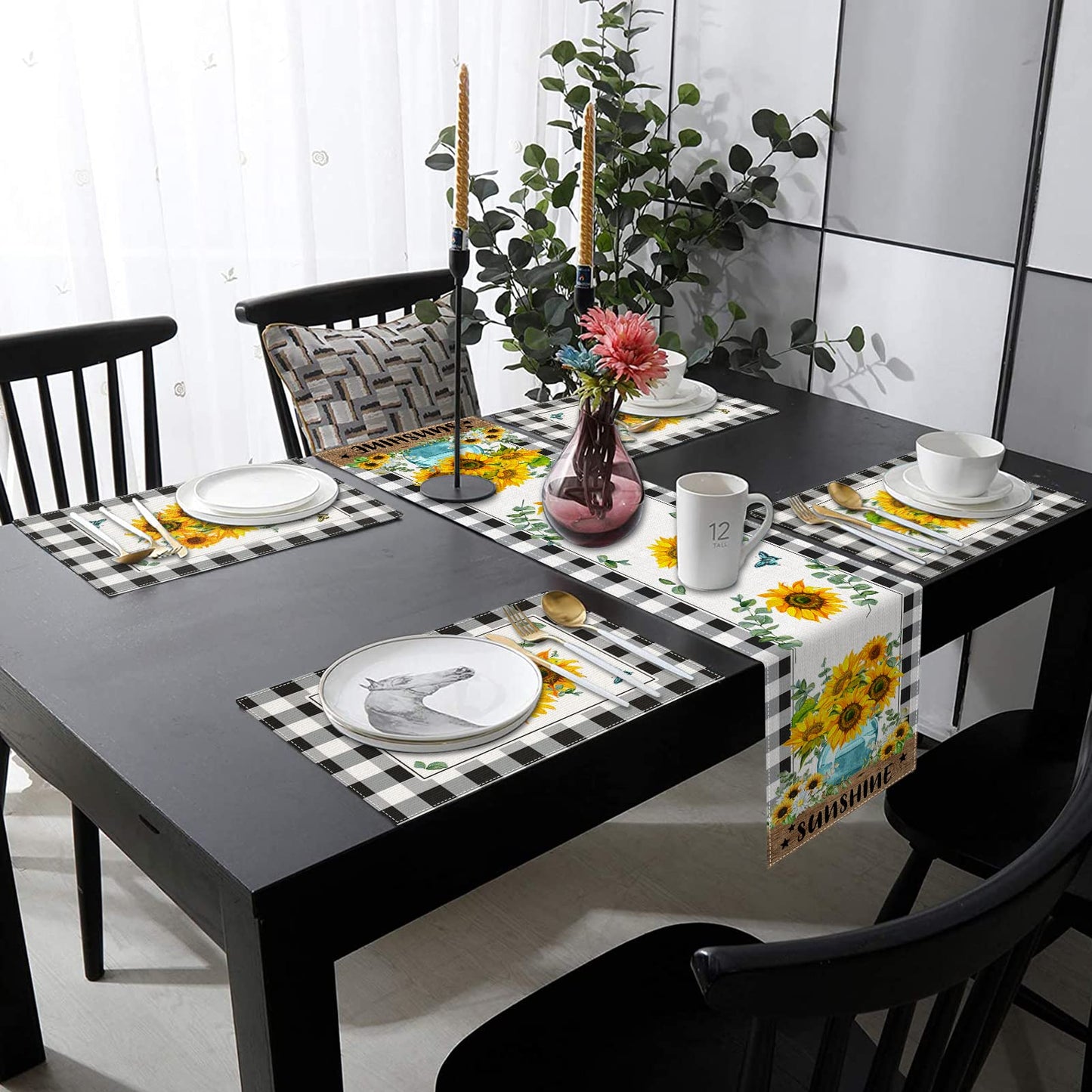 ArtSocket Sunflower Table Runner and Placemats Set of 6, Black White Buffalo Plaid Floral Flower Dining Decor for Daily Use(1 Table Runner 72 inches Long and 6 Placemats)