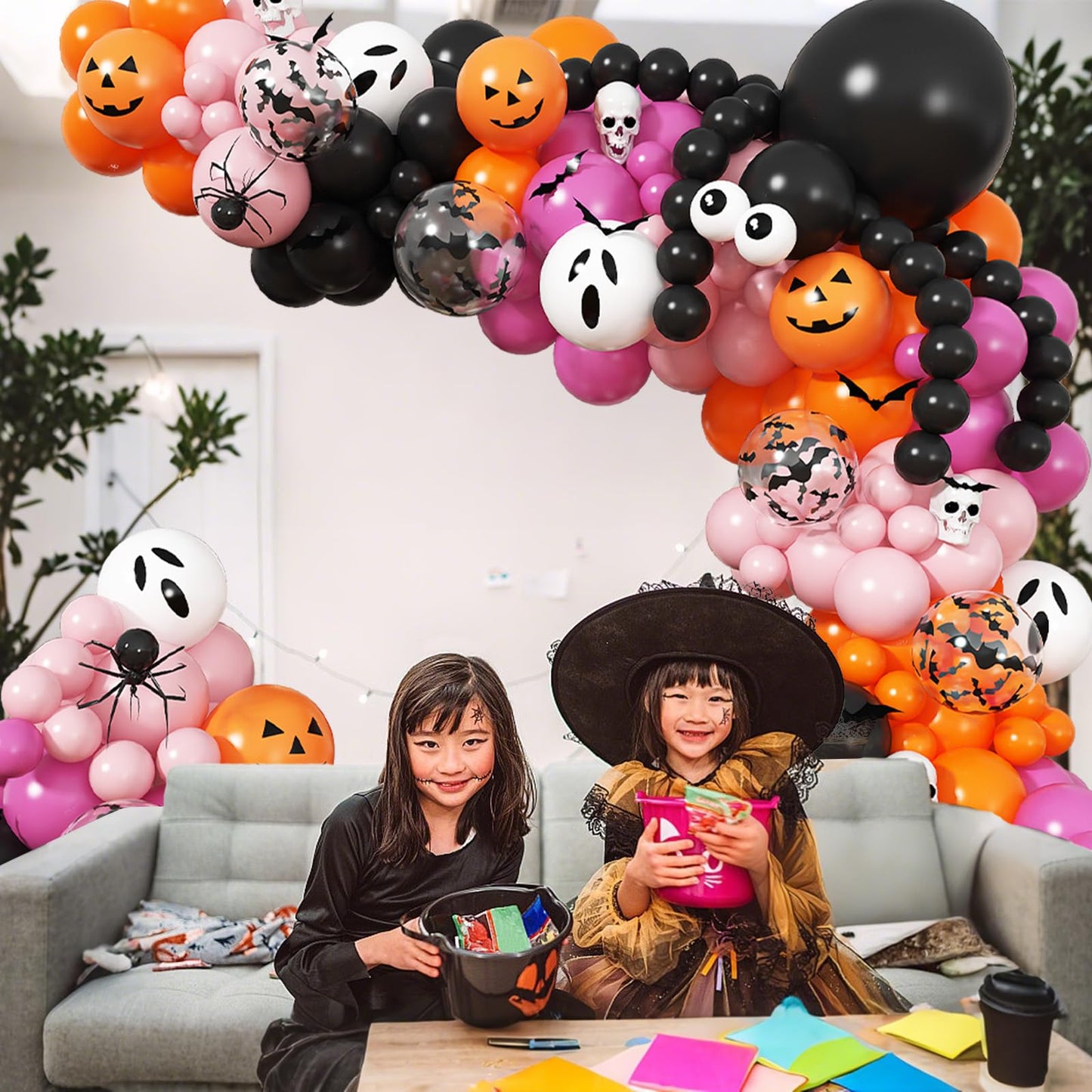 Froova Halloween Balloon Arch Pink Black Orange Balloons Garland 3D Bat Stickers Bat Print White Ghost Pumpkin Latex Balloons for Pink Halloween Night Ghost Spooky One Birthday Baby Shower Party Decor