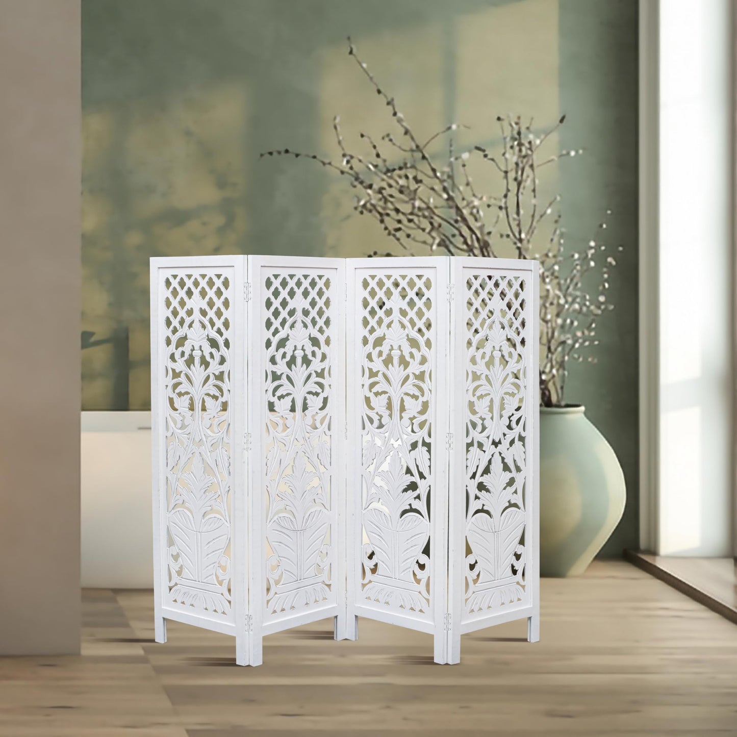 Room Divider Wood Screen Panel – White, 4-Panel Folding 64"x54", Hand-Carved, Reversible Privacy Partition, Decorative & Functional Portable Room Divider for Home or Office