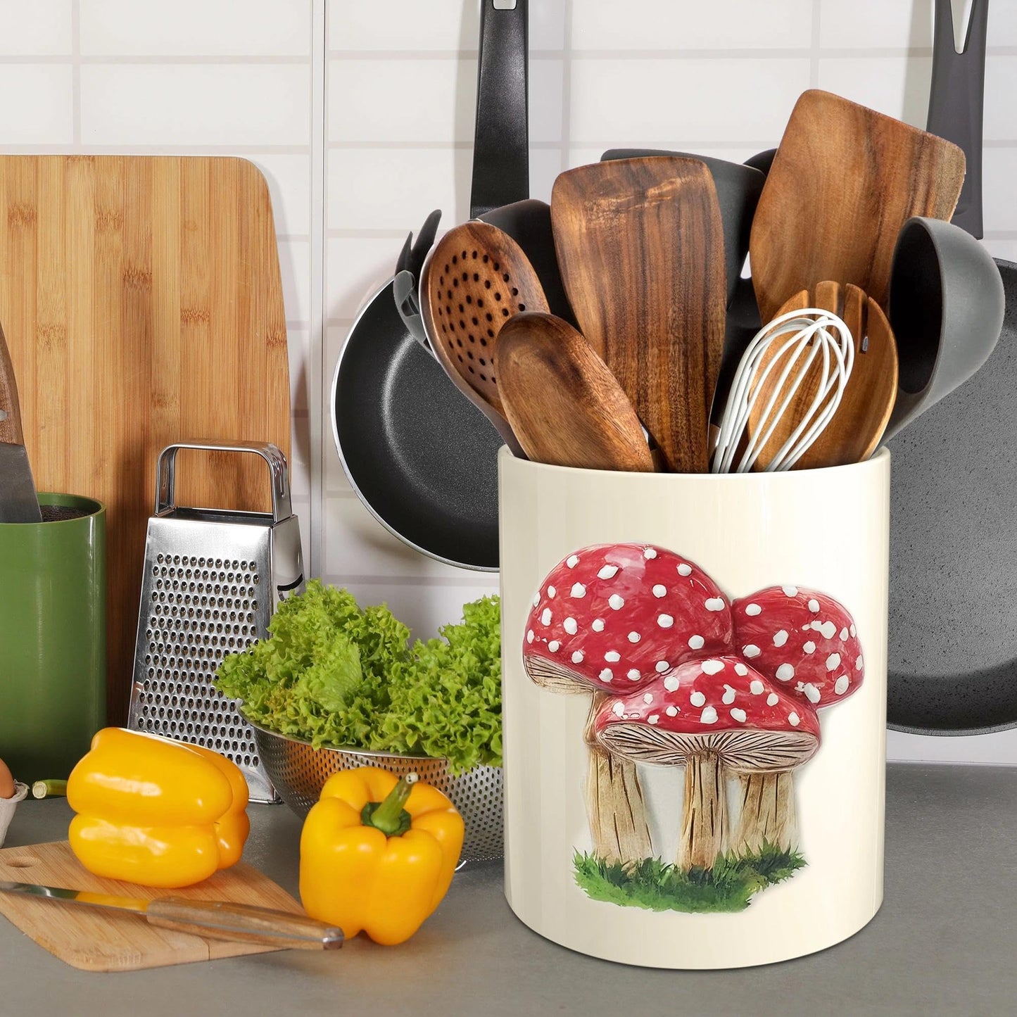 Hexagram Mushroom Decor Utensil Holder, Mushroom Kitchen Decor Embossed Ceramic Utensil Holder for Farmhouse Indoor Kitchen Decorations Rustic Farmhouse