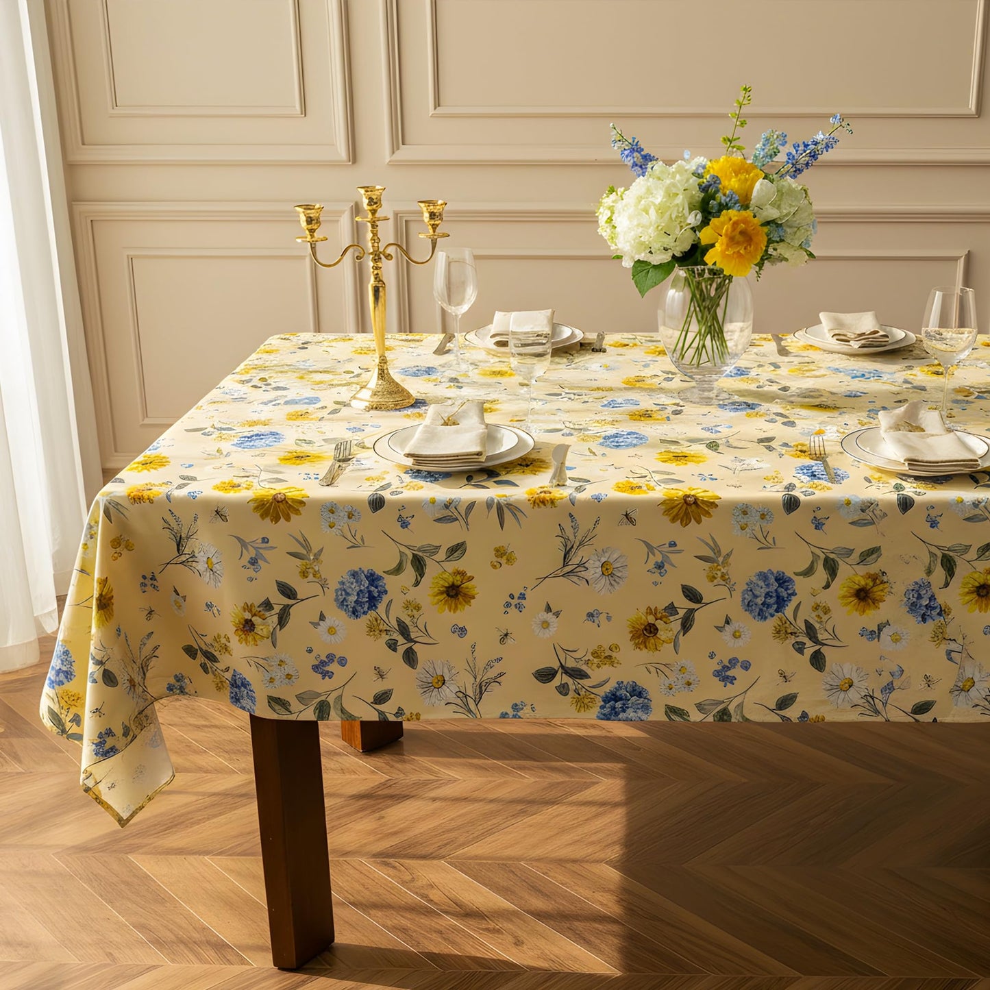LOSIVISHE Spring Floral Tablecloth Waterproof Yellow Table Cover with Sunflowers, Hydrangeas & Daisies – Waterproof Fabric Table Cloth for Dining Room, Kitchen, Party & Outdoor Decor, W60 x L102 in