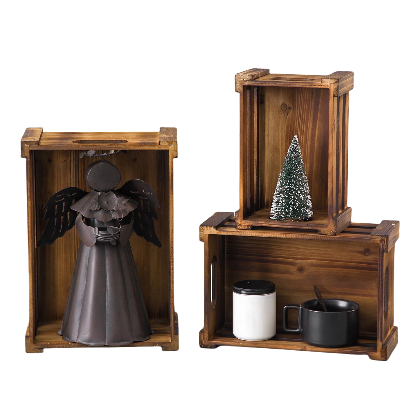 Sintosin Farmhouse Wooden Nesting Crates Decorative Set of 3, Distressed Crate for Display Rustic Home Decor, Wood Crate Basket for Storage with Handles Living Room Outdoor Christmas