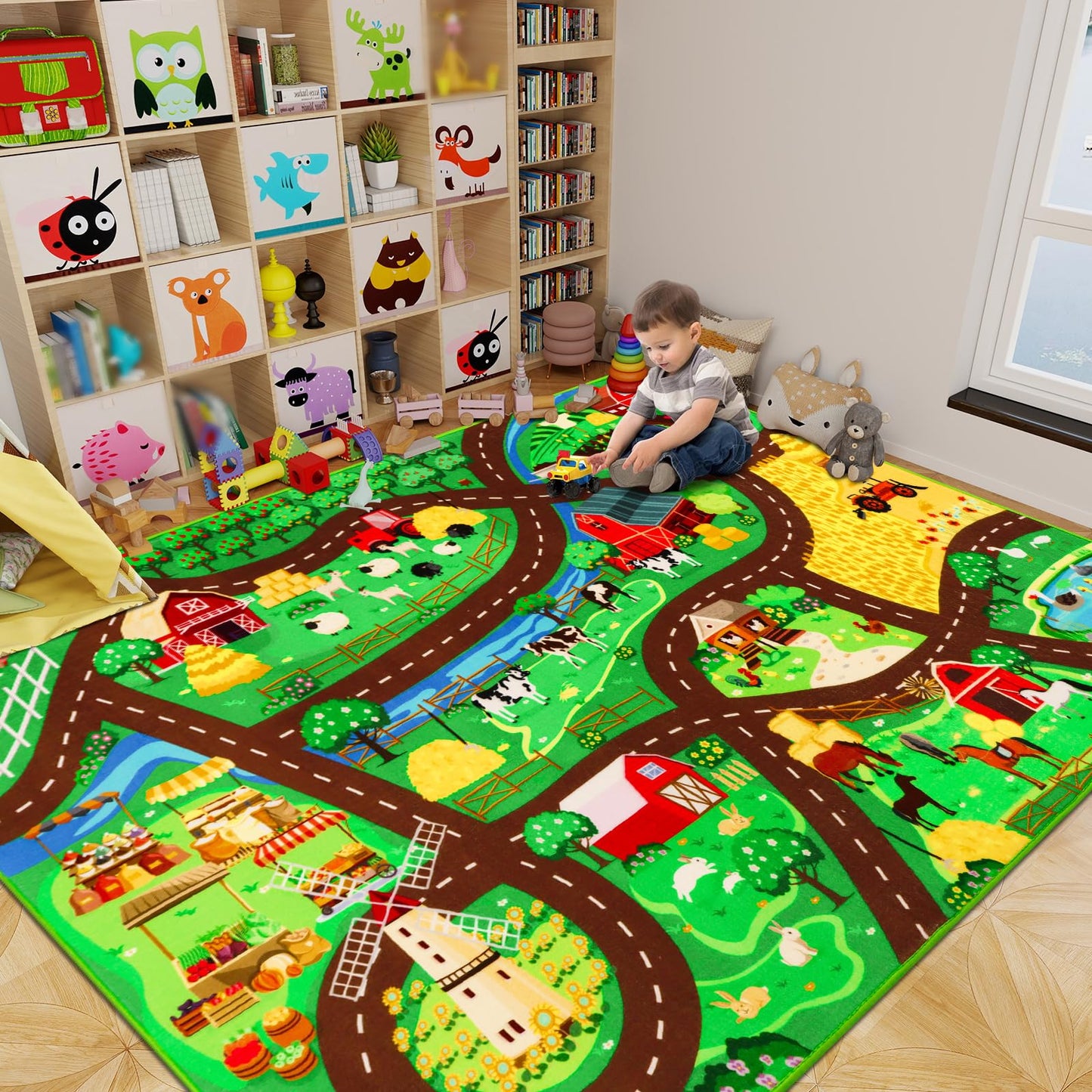 Kids Car Carpet,4'11" x 6'7" Car Rugs for Kids Toy Cars,Non-Slip Farmhouse Road Rug for Kid,Kid Room Race Track Rug,Pasture Track Mat Car Play Rugs for Playroom Bedroom Boys(for Age 2+)