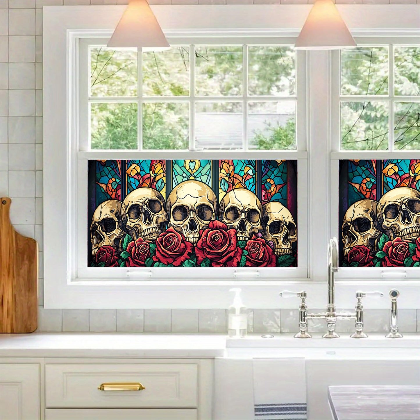 HOMETITUTE Skull Window Film 39.3x17.7 Inch Gothic Skull Window Sticker Halloween Skull Decoration Rose Windows Cling for Haunted House Day of The Dead Horror Windows Glass Cover