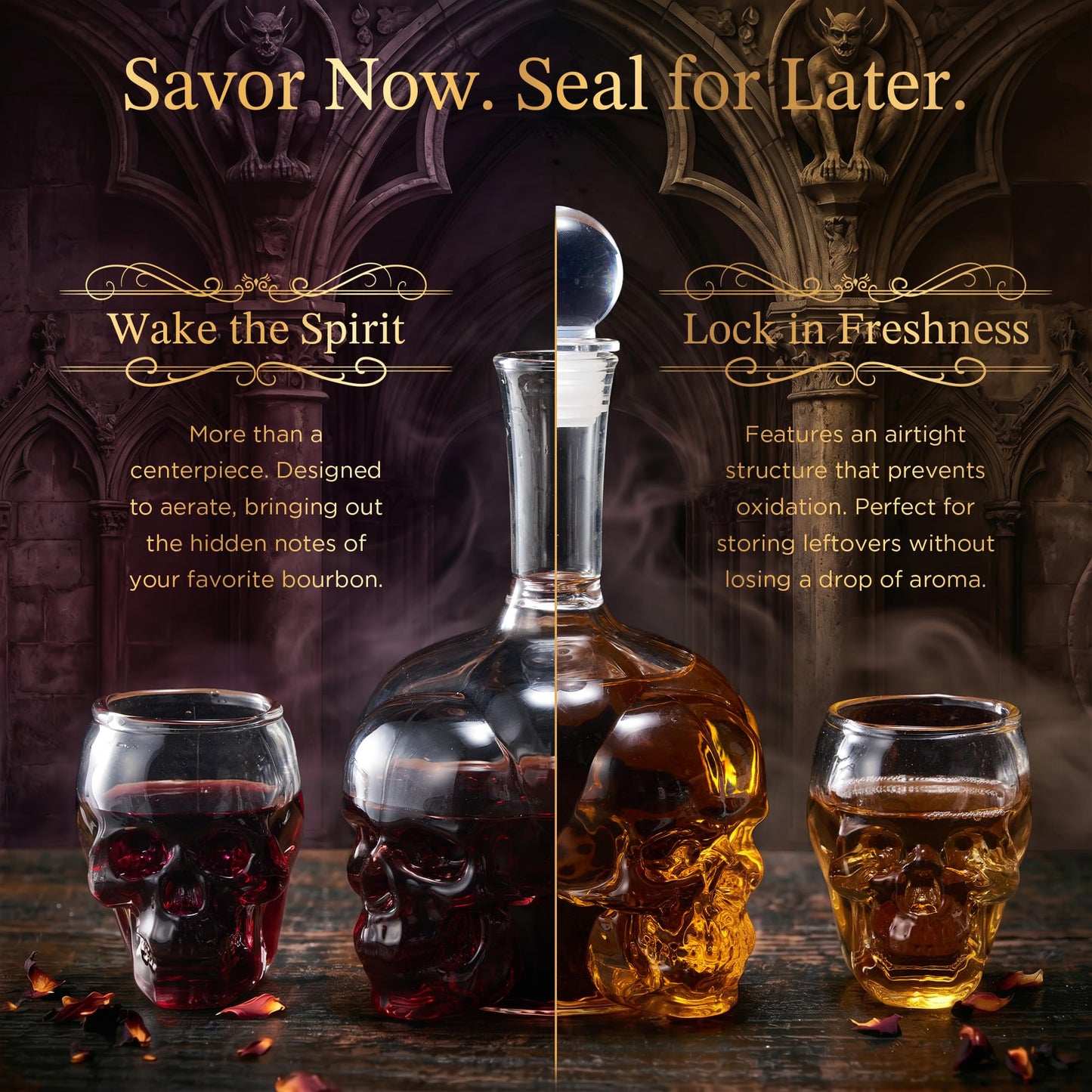 Gothic Skull Whiskey Decanter Set - 34 oz Spooky Skeleton Glass Decanter with 2 Rocks Glasses - Dark Academia Home Bar Decor & Man Cave - Cool Halloween Gifts for Men & Whisky Lovers