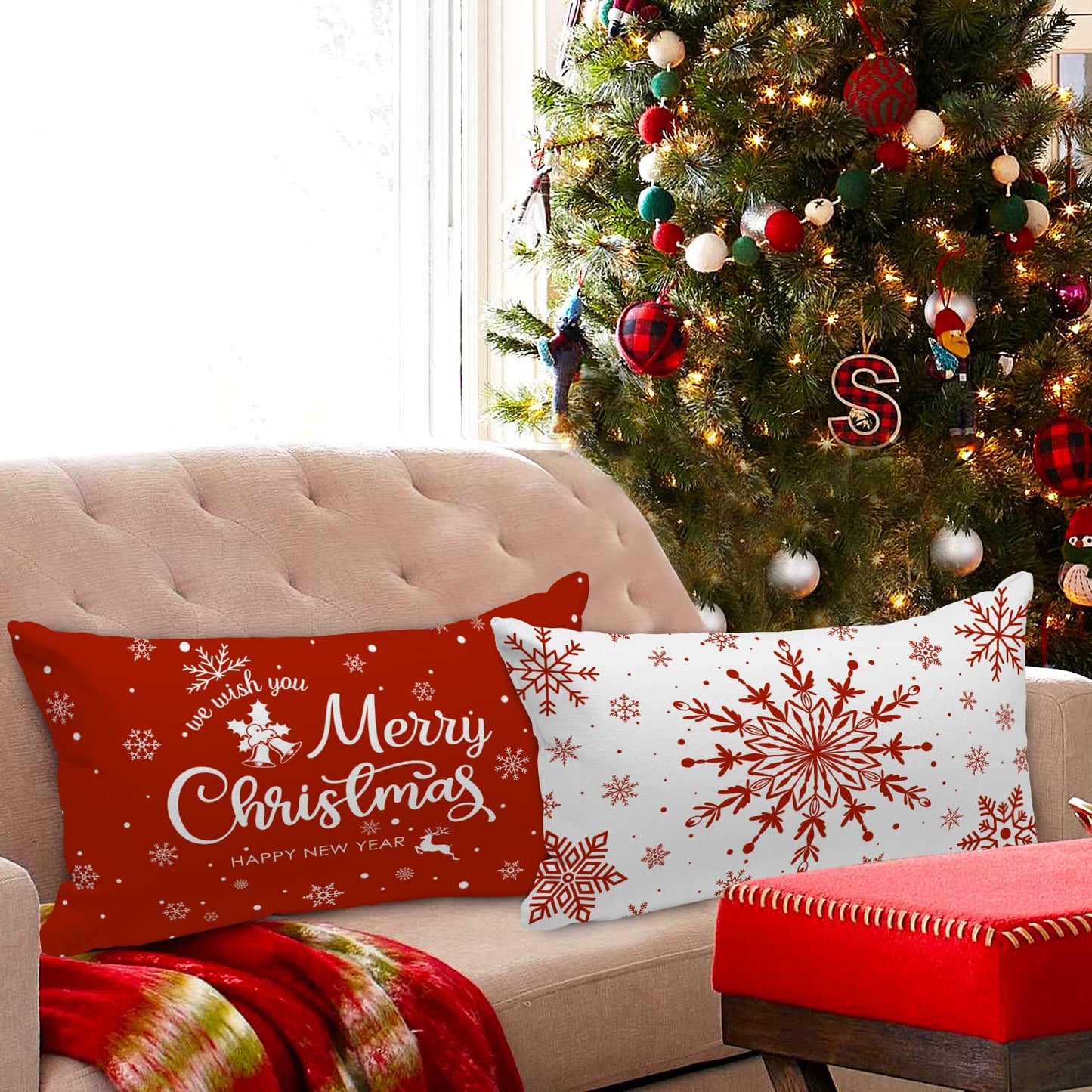 Lanpn Christmas Lumbar Throw Pillow Covers 12x22 Set of 4, Merry Christmas Winter Xmas Snowflake Decorative Holiday Cushion Pillow Cases 12 x 22 for Indoor Farmhouse Home Room Couch Decor (Red)