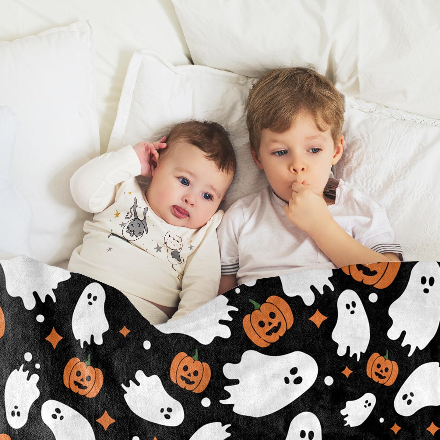 JarThenaAMCS Halloween Fuzzy Flannel Blanket Boo Ghost Pumpkin Throw Blanket Black Soft Blankets for Farmhouse Home Sofa Chair Bed Couch, 60 x 70 Inch