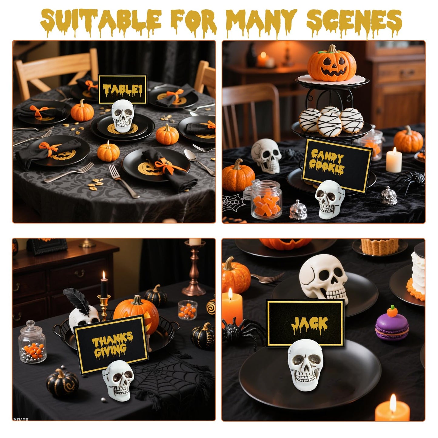 12pcs Halloween Skull Place Card Holders with 24 Cards, Skeleton Table Number Name Card Holder Gothic Photo Stands Display Centerpieces Halloween Table Setting Decor for Scary Birthday Wedding Party