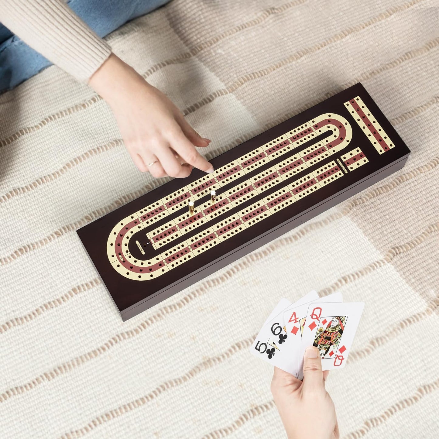 ESENHARBER Cribbage Board Game Set, Premium Wooden Board with Magnetic Lock and Metal Pegs, 2 Playing Cards, and Large Storage - Travel-Friendly Continuous 3 Track Board