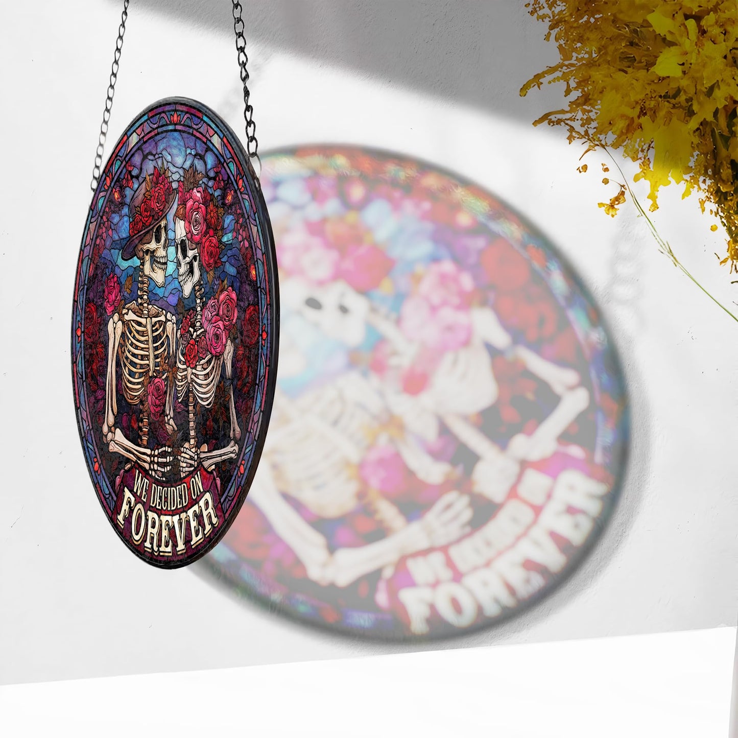 FIVITY FIVITY Stained Glass Window Hanging 7.8'' Skeleton Couple Suncatcher We Decided On Forever Stained Glass Ornament Suncatchers with Hanging Chain for Wife Husband Wedding for Hi