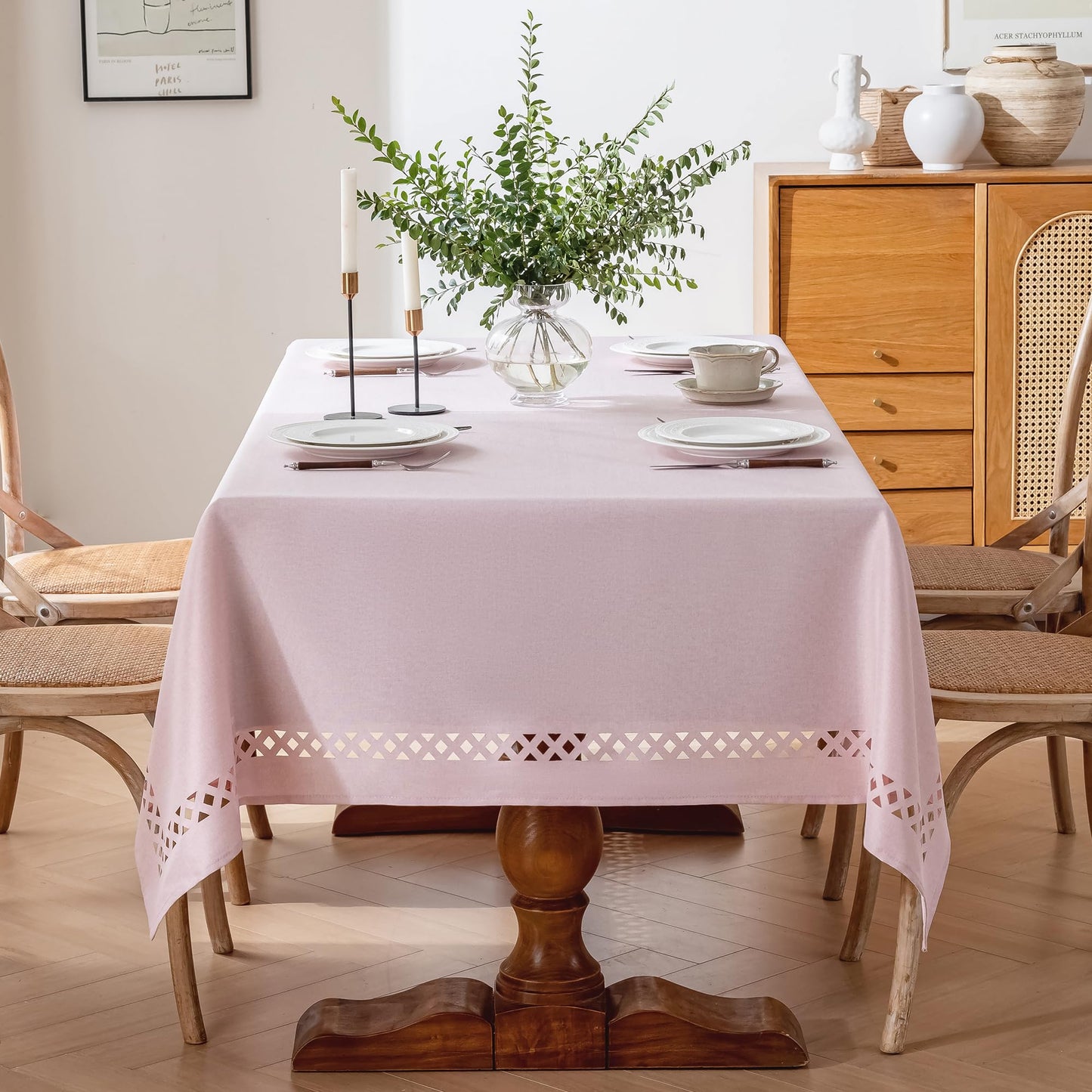 JIALE Pink Rectangle Linen Polyester Tablecloth with Decorative Cutouts, Waterproof Table Cloth Wrinkle Free Light Pink Valentines Farmhouse Dining Table Cover for Outdoor Party Camping, 55 x 70 inch
