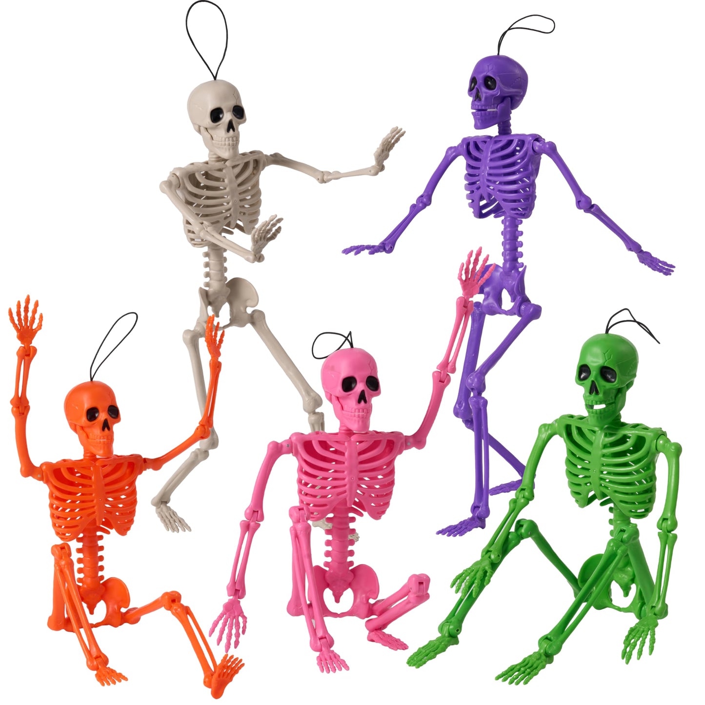 JOYIN 5 PCS Posable Halloween Skeleton Decor 16 Inches, Full Body Movable Joints Posable Skeleton, Hanging Skeletons for Halloween Decoration, Home Yard, Graveyard, Haunted House, Spooky Scene