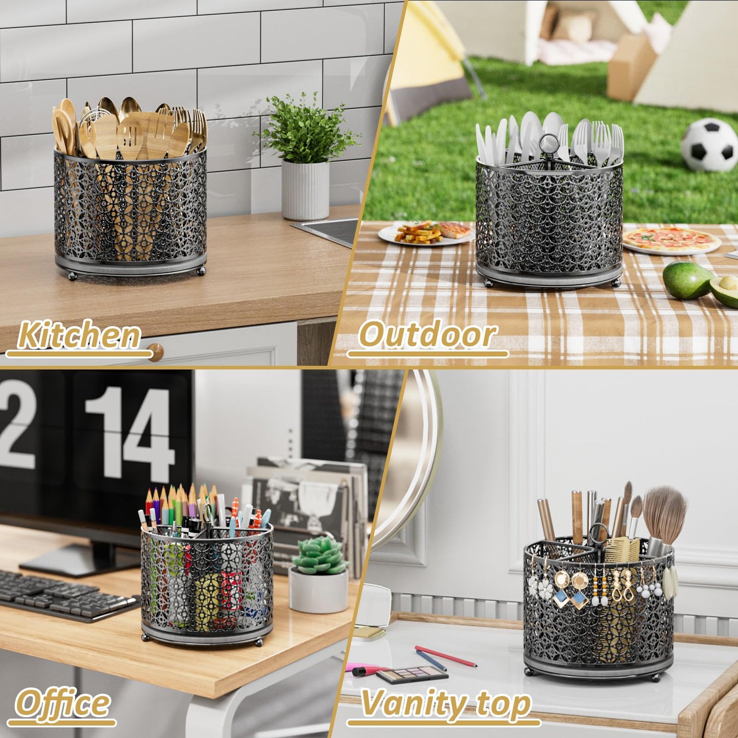 OVICAR 360° Rotating Utensil Holder Caddy - Fast-Drying Silverware Flatware Organizer - 4 Compartment Large Cutlery Holder with Handle For Kitchen Countertop Party Office Picnic Table Black