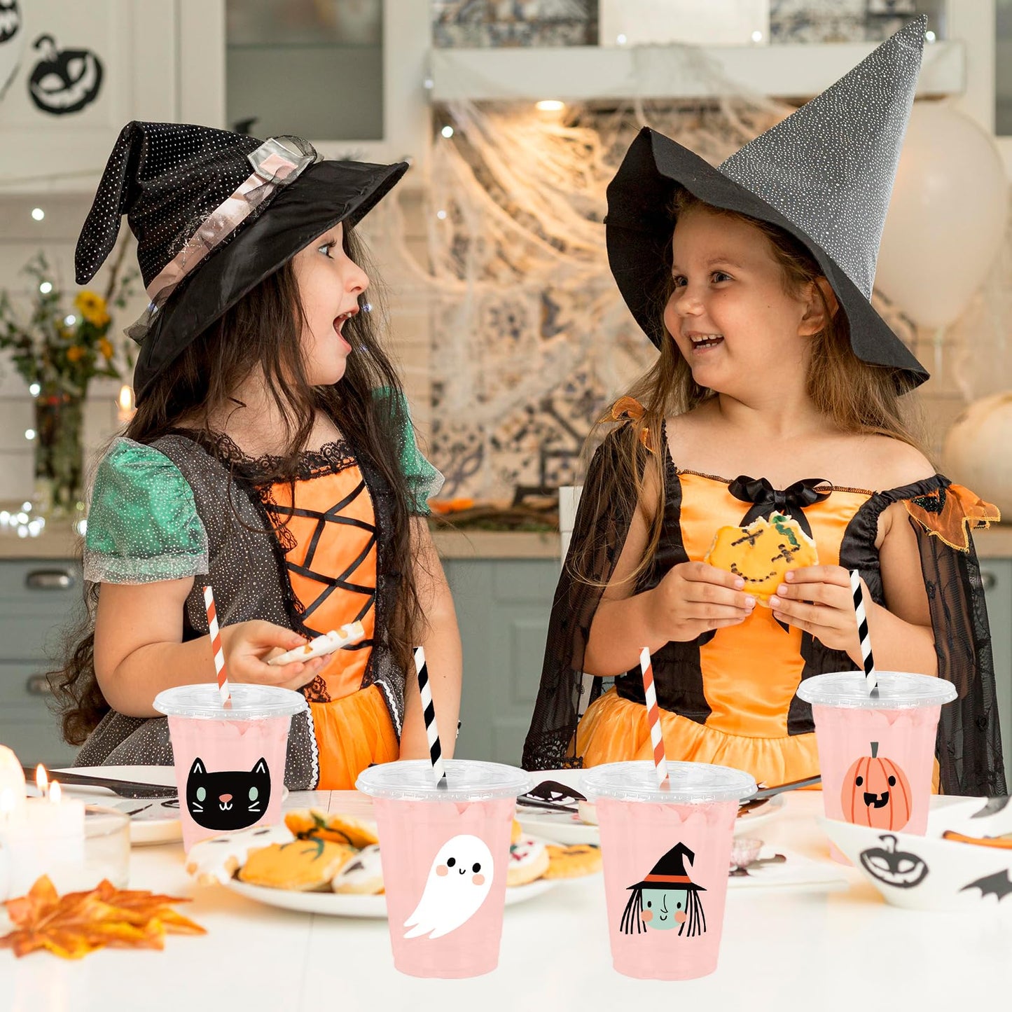 Whaline 48Pcs 12Oz Halloween Plastic Cups with Lids & Straws Ghost Pumpkin Black Cat Disposable Clear Drinking Cups for Holiday Birthday Party Supplies