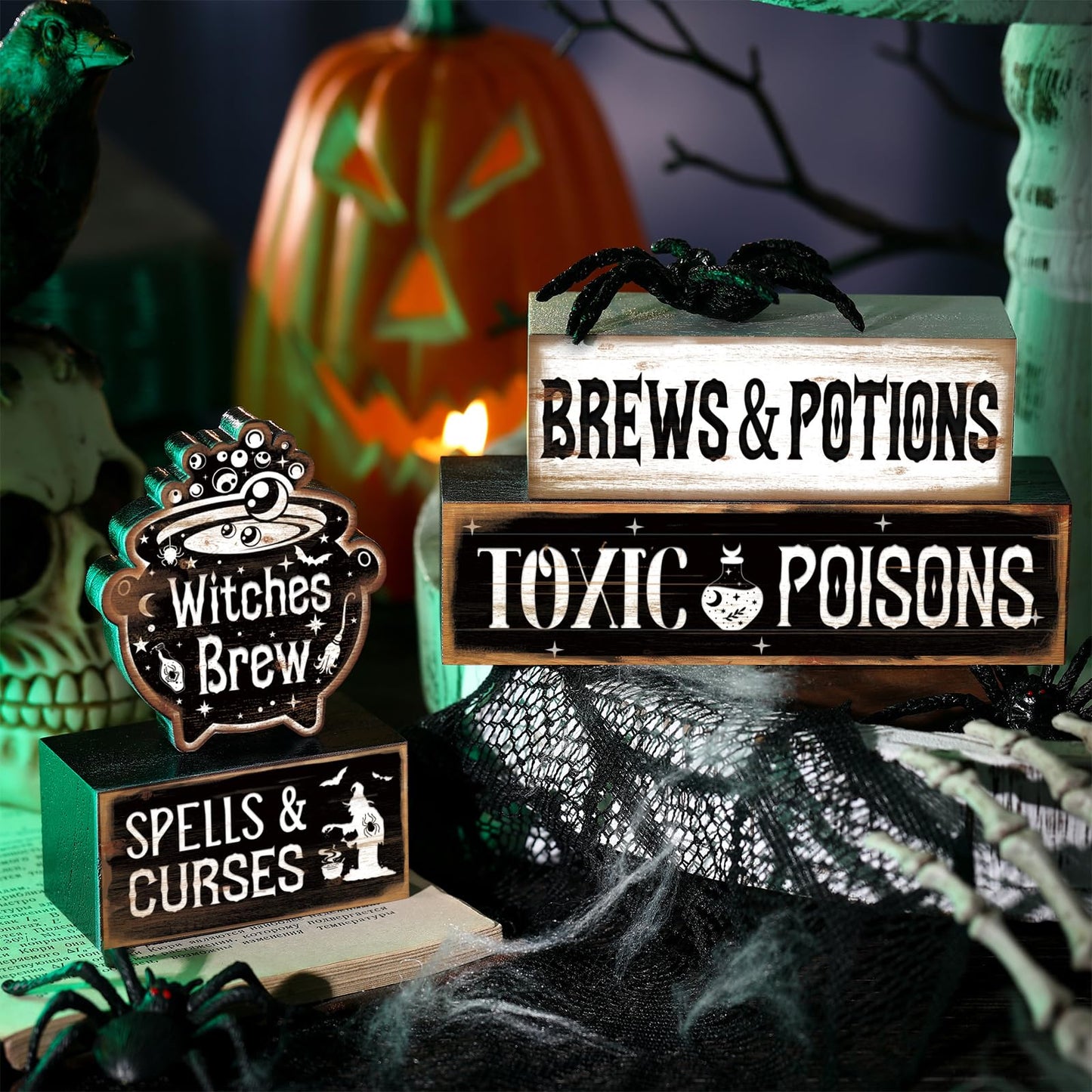 4 Pcs Halloween Table Decor Witches Brew Wooden Sign Halloween Tiered Tray Decor Farmhouse Witches Tabletop Centerpiece Spells Curses Potions Wooden Block Signs for Home Office Kitchen Shelf