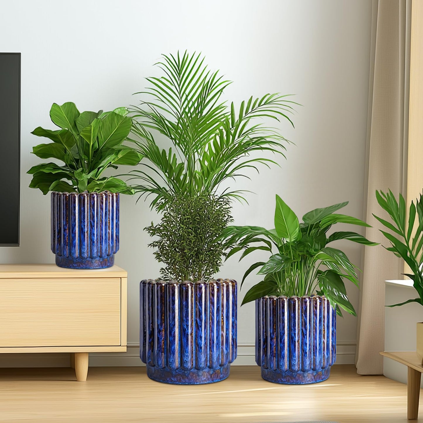 Ceramicfor Ceramic Planter - 9.6 Inch Ceramic Plant Pots Indoor Outdoor, Round Flower Pots with Drainage Hole, Large Fluted Modern Planter, Room Home Bedroom Decor, Plant Lover Gifts, Blue