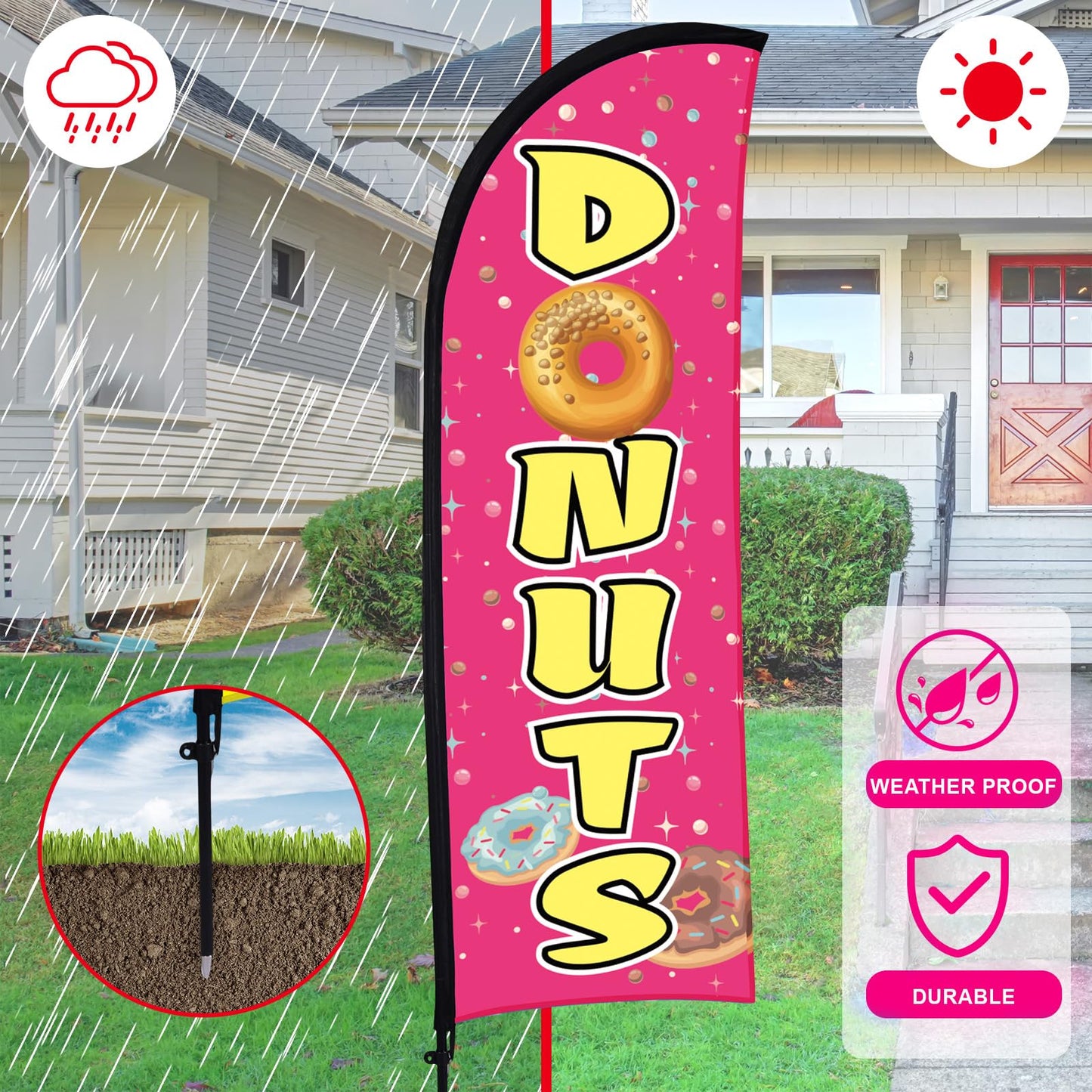 Buryeah 2 Sets Donuts Feather Flag Pole Kit 7 ft Donuts Advertising Flag Sign Banner with Flagpole Ground Stake Portable Bag for Diner Restaurant Business Outdoor Advertising