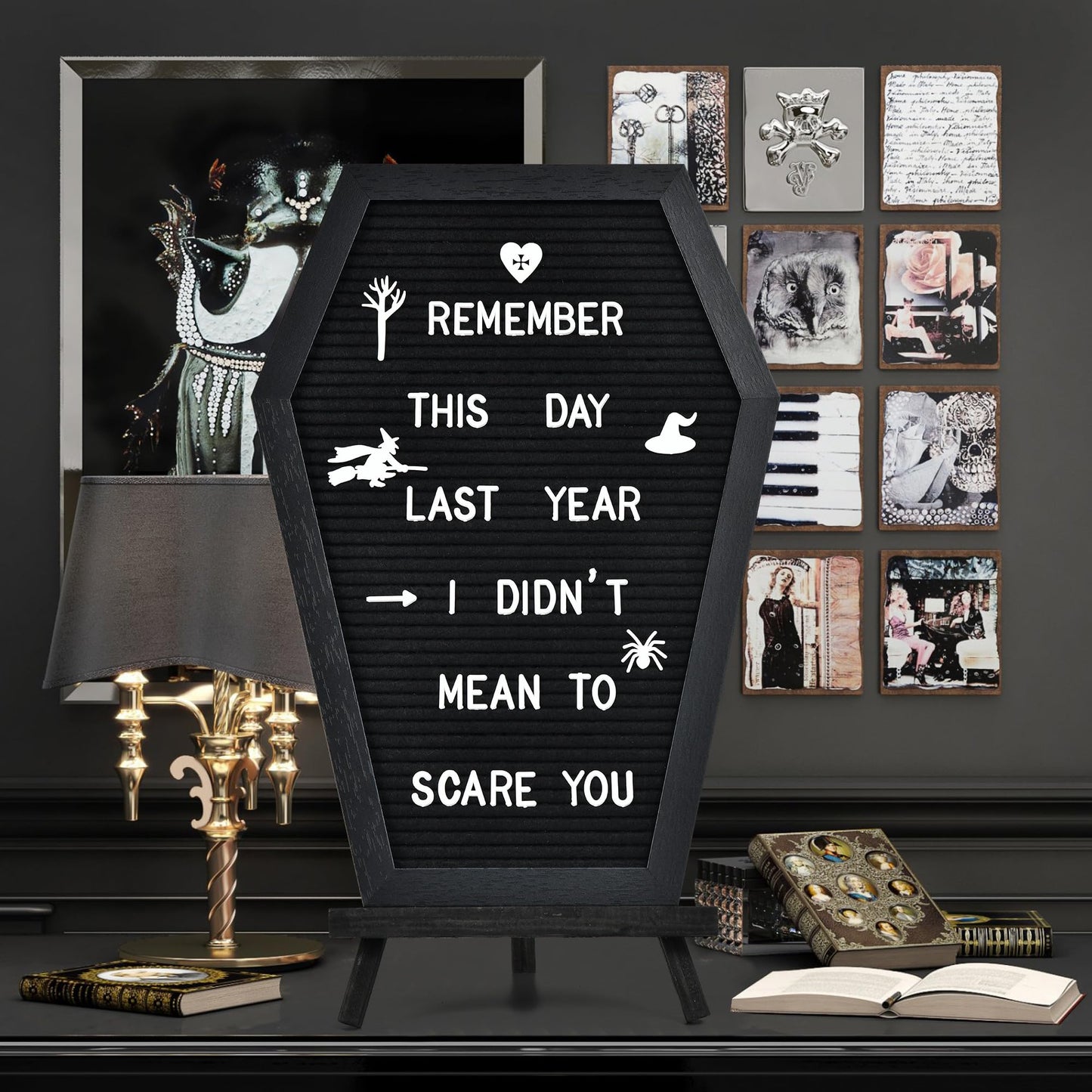Coffin Letter Board - 520 Characters Spooky Halloween Characters with Wooden Stand and Canvas Bag - 16x11 Inches - Felt Message Board for Home Office Halloween Supplies & Decor (Black)