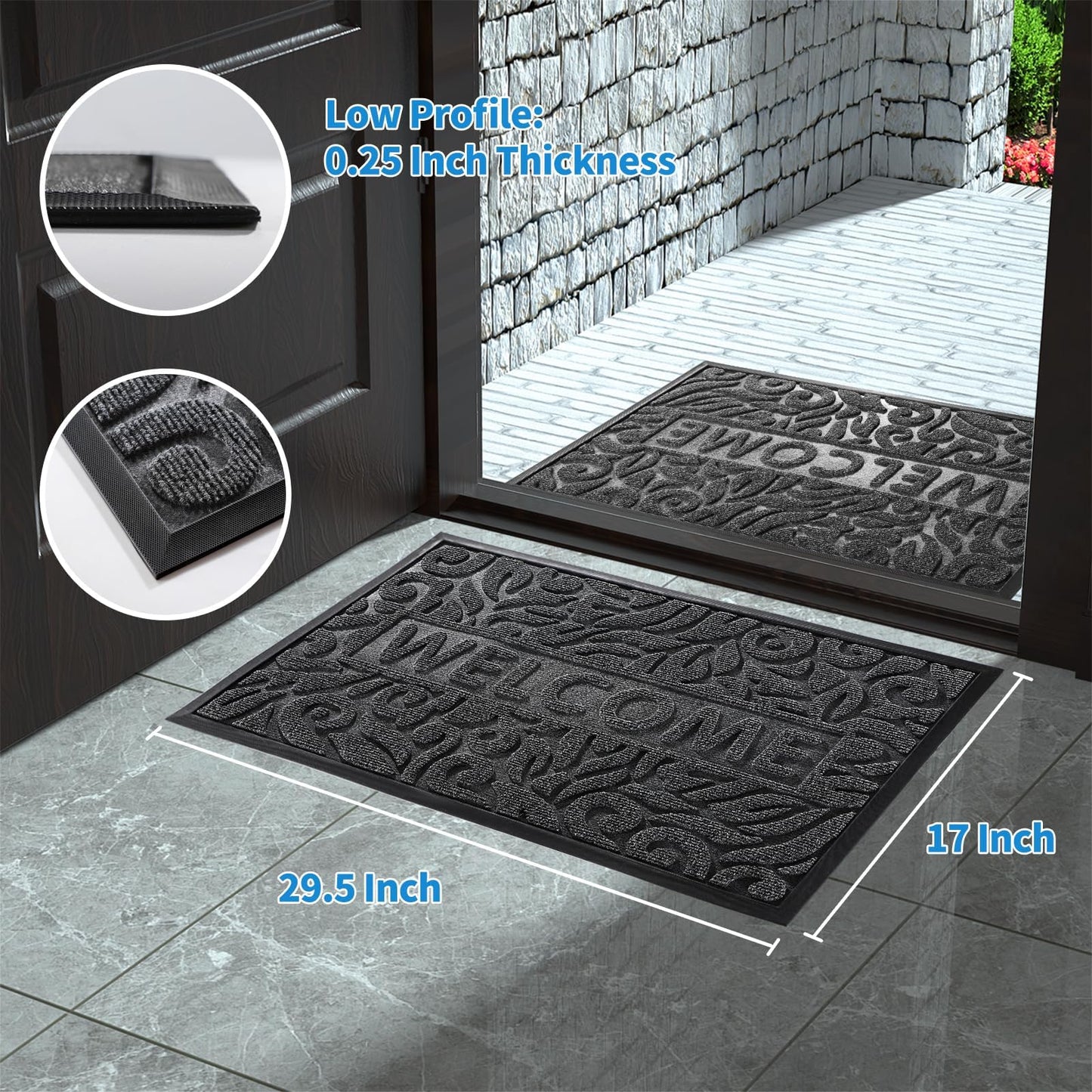 Yimobra Welcome Mat Outdoor 29.5x17, Waterproof Non-Slip Outdoor Mats for Front Door Outside Entrance, Low-Profile Entryway Mat Indoor for Garage Patio, Grey
