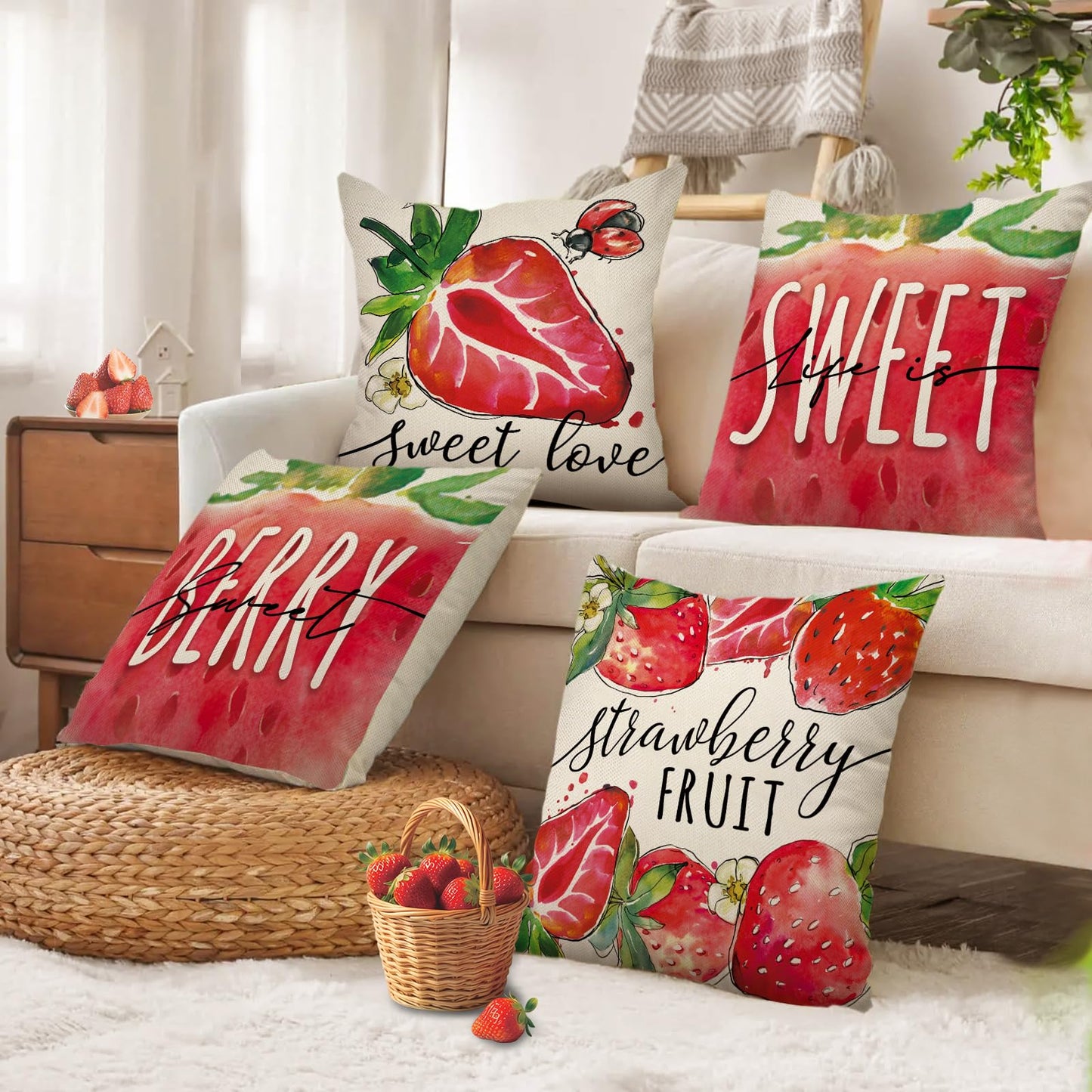 Ussap Spring Summer Strawberry Decorative Throw Pillow Covers 20 x 20 Set of 4, Life is Sweet Red Fruit Cushion Case Decor, Sweet Berry Seasonal Home Decoration for Sofa Couch