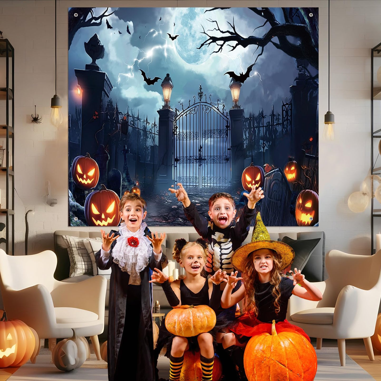 Preboun Halloween Garage Door Banner Large Hanging Backdrop Door Cover Halloween Garage Wall Decorations for Outdoor Holiday (7 x 8 ft)
