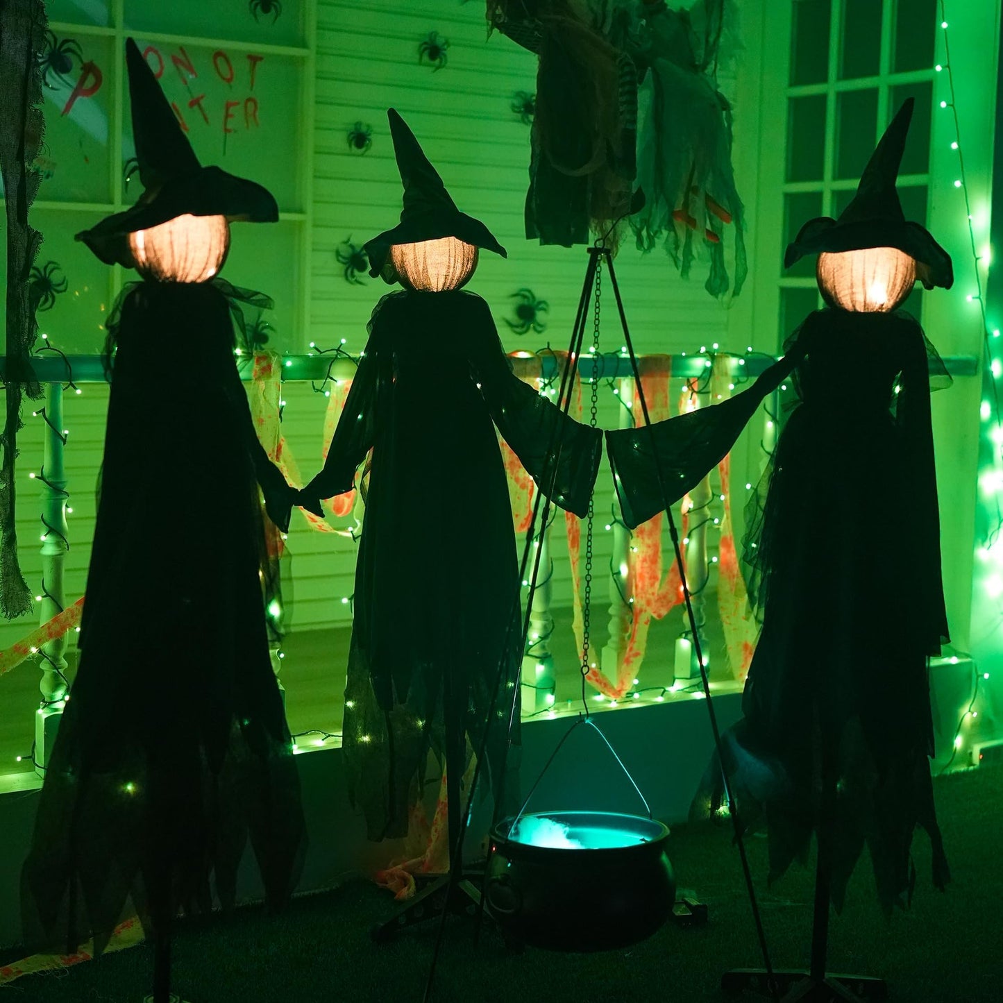 TW SHINE Halloween Witch Decorations Outdoor, 5 FT Set of 3 Holding Hands Witches Stakes with Glowing Face, Lighted Halloween Decor for Party Yard Lawn Porch Garden Haunted House Props
